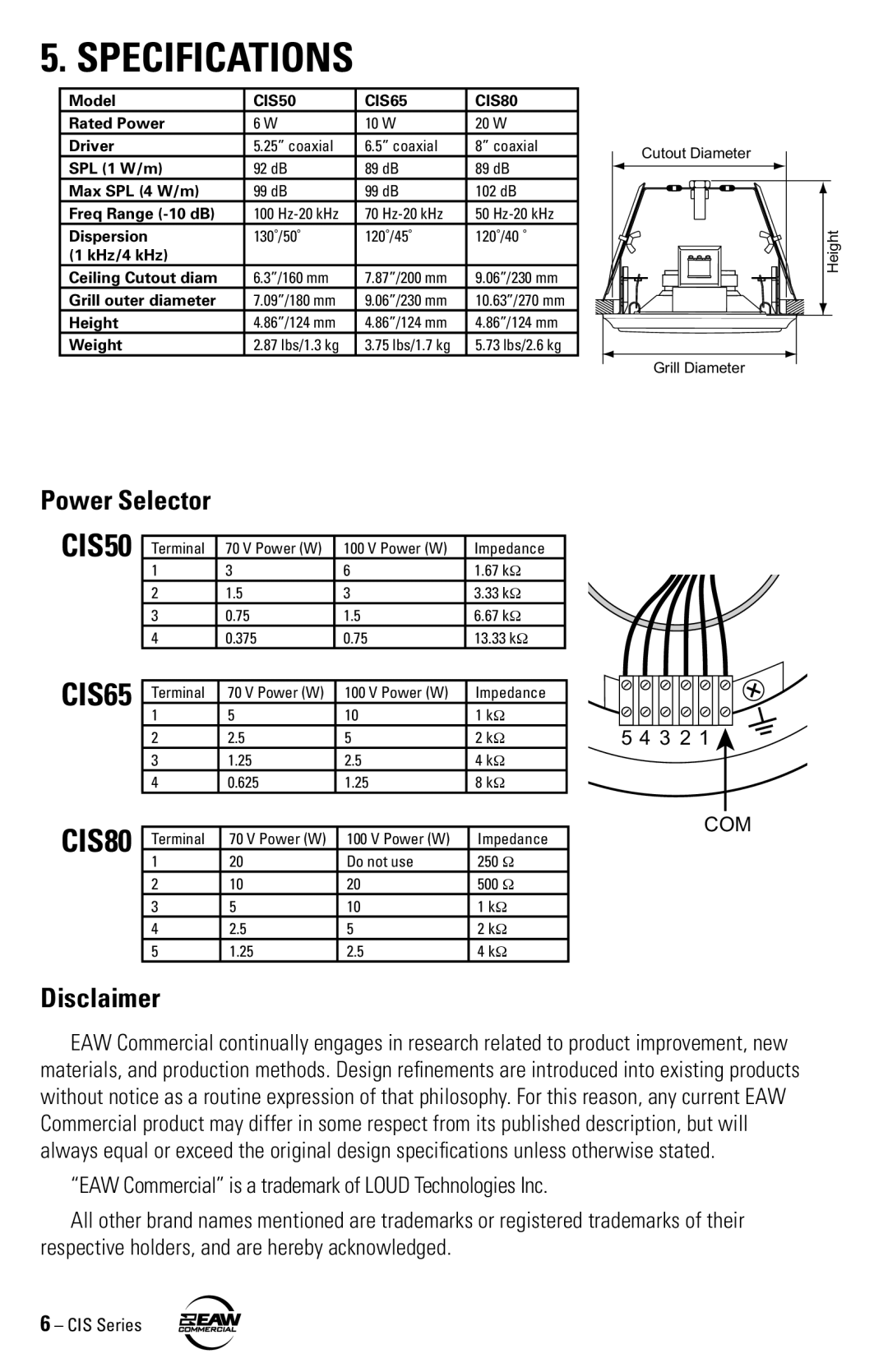 EAW CIS65, CIS80, CIS50 instruction manual Specifications, Power Selector, Disclaimer 