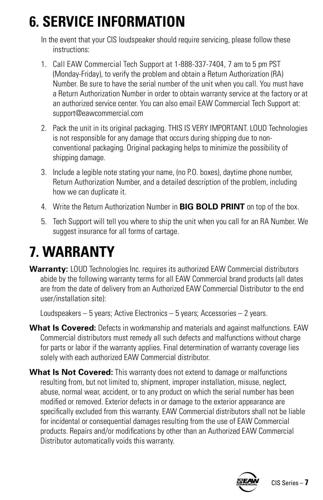 EAW CIS80, CIS65, CIS50 instruction manual Service Information, Warranty 