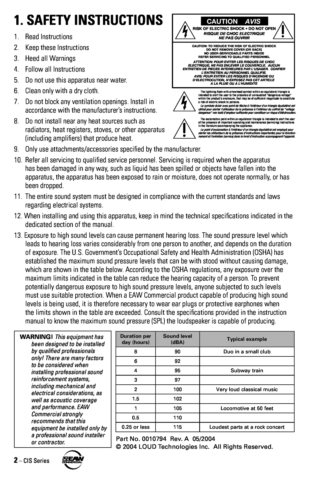 EAW CIS50, CIS65, CIS80 instruction manual Safety Instructions 