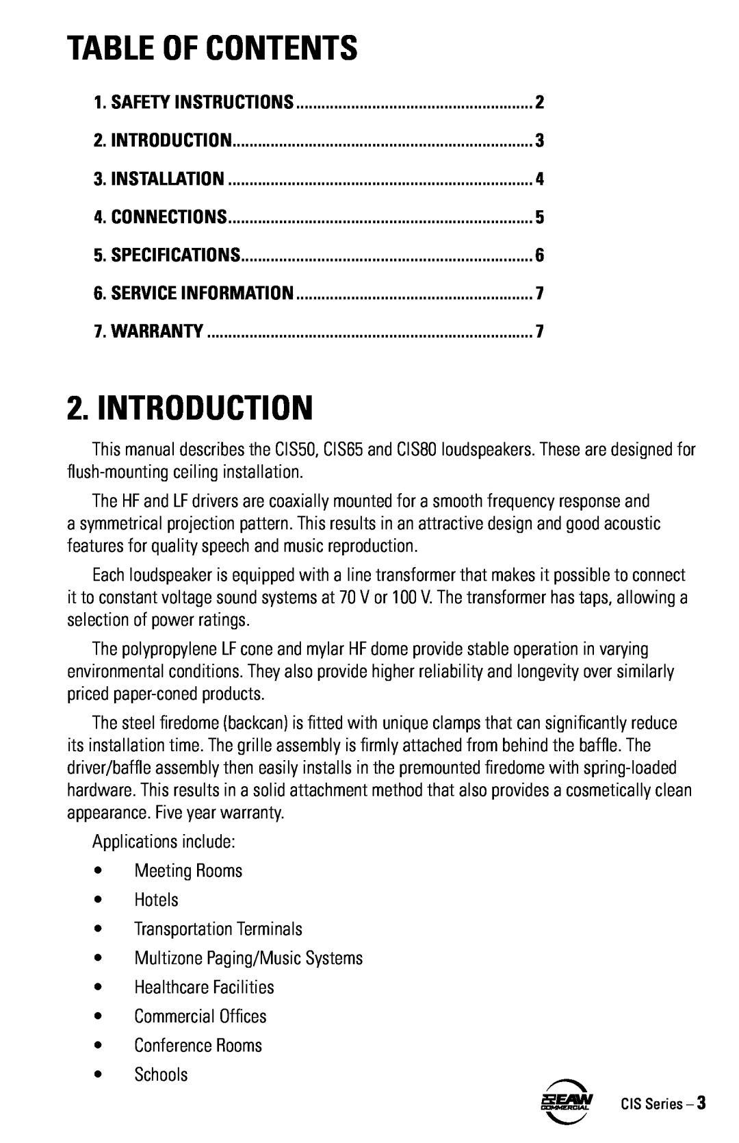 EAW CIS65, CIS80, CIS50 instruction manual Table Of Contents, Introduction 