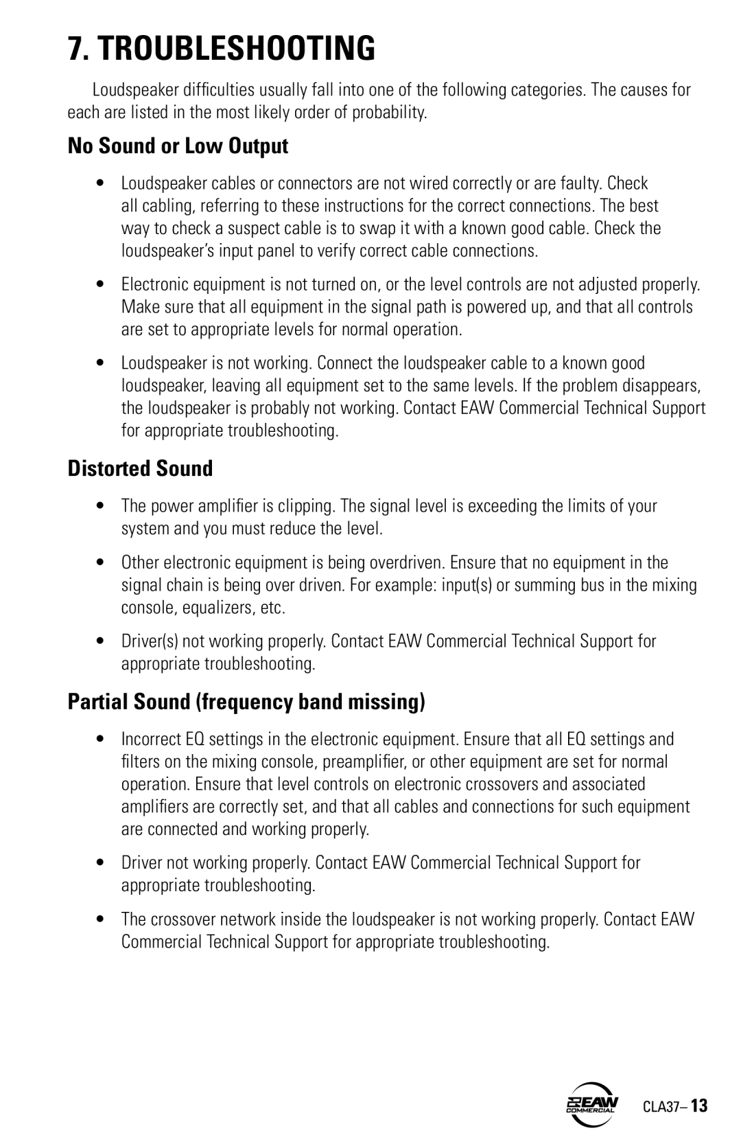 EAW CLA37 instruction manual Troubleshooting, No Sound or Low Output, Distorted Sound, Partial Sound frequency band missing 