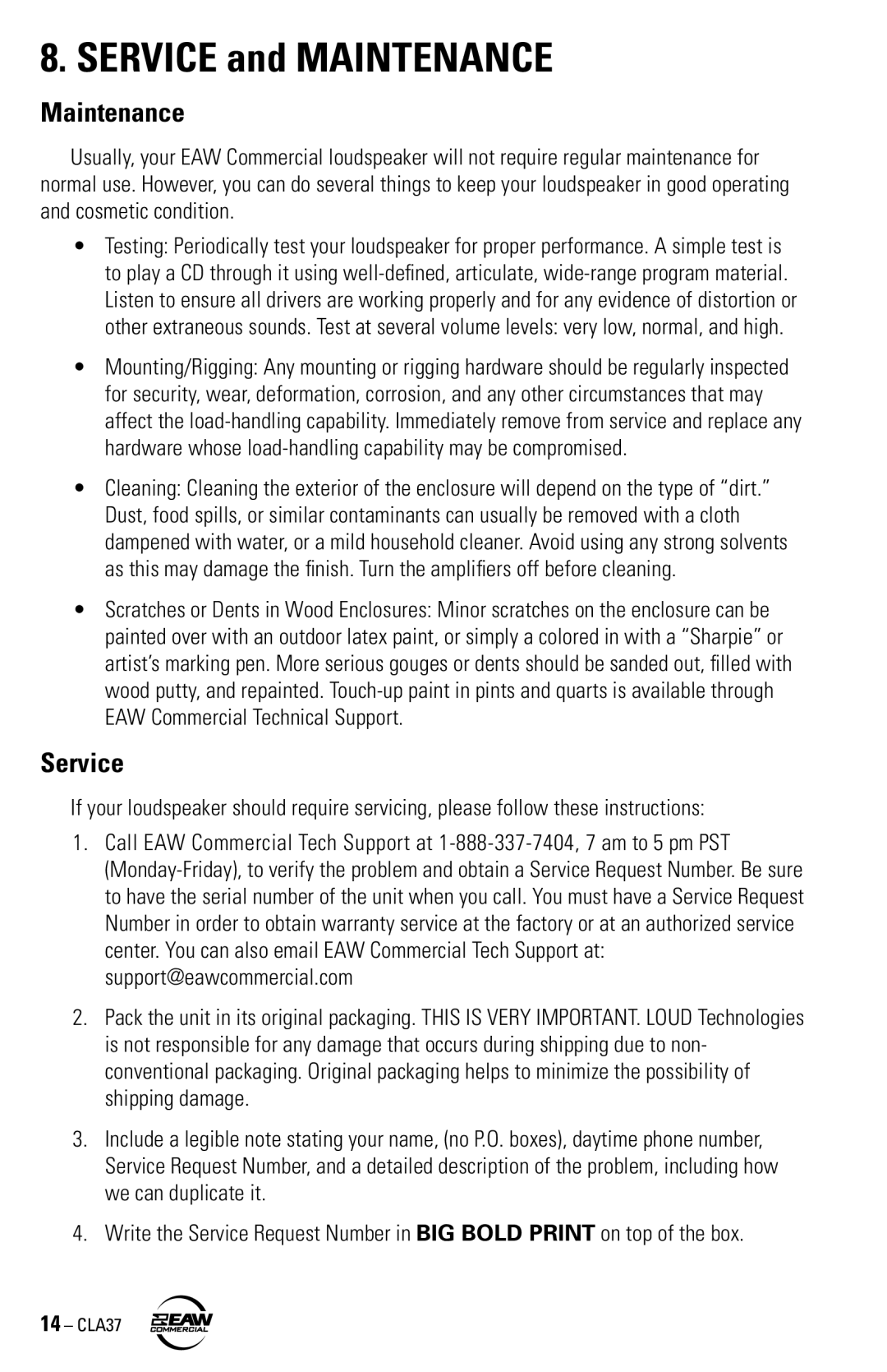 EAW CLA37 instruction manual Maintenance, Service 