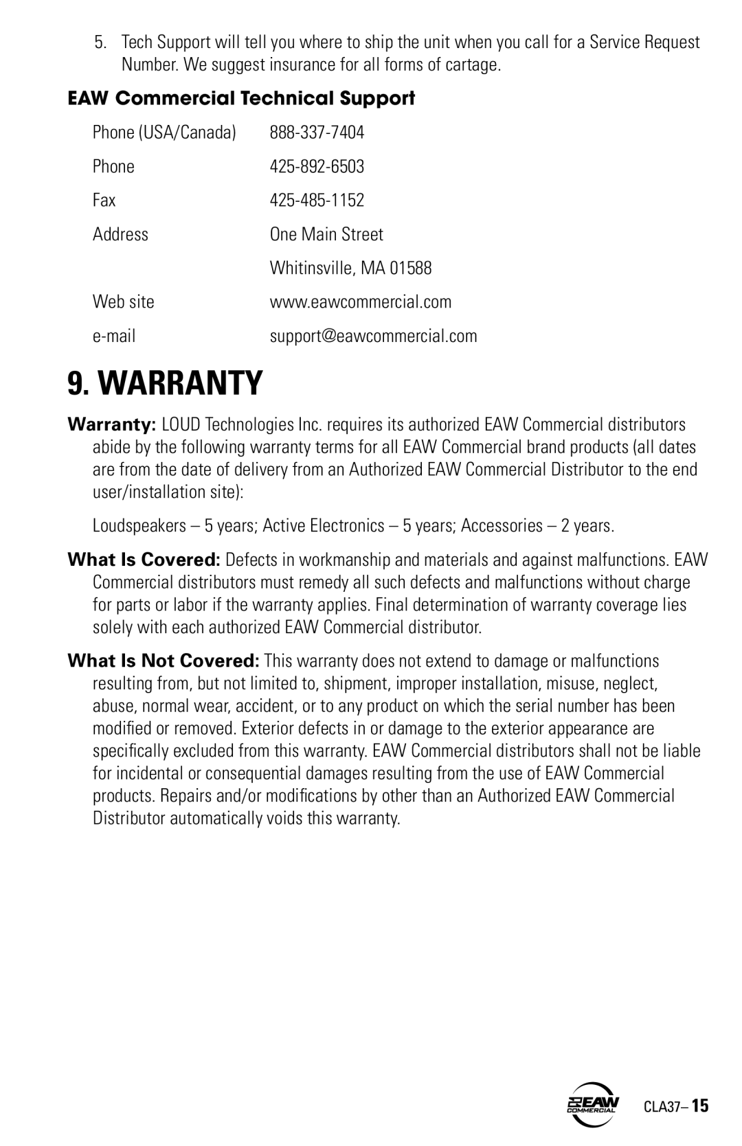 EAW CLA37 instruction manual Warranty, EAW Commercial Technical Support 