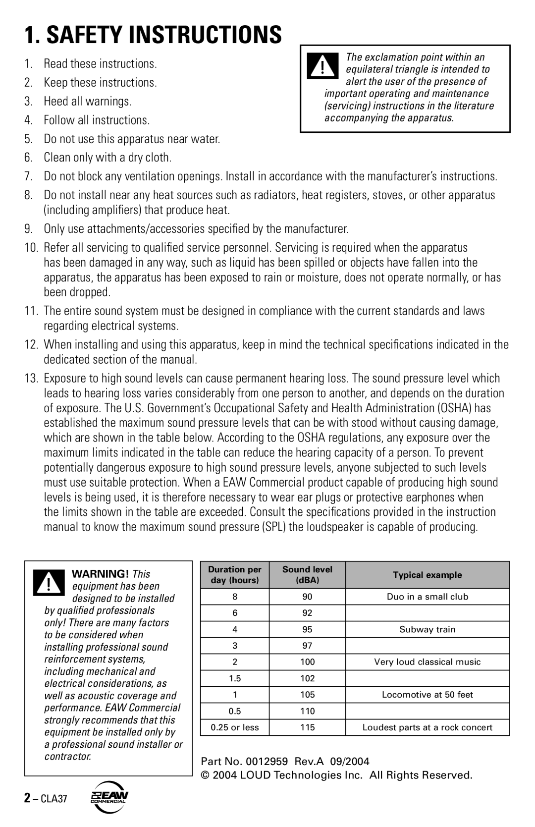 EAW CLA37 instruction manual Safety Instructions 