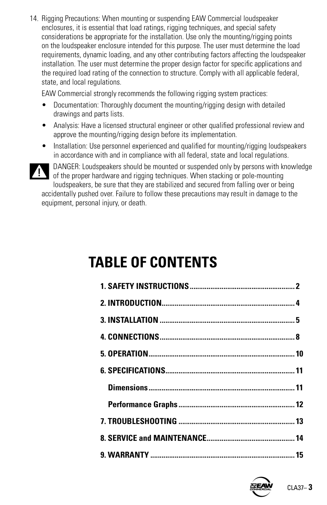 EAW CLA37 instruction manual Table of Contents 