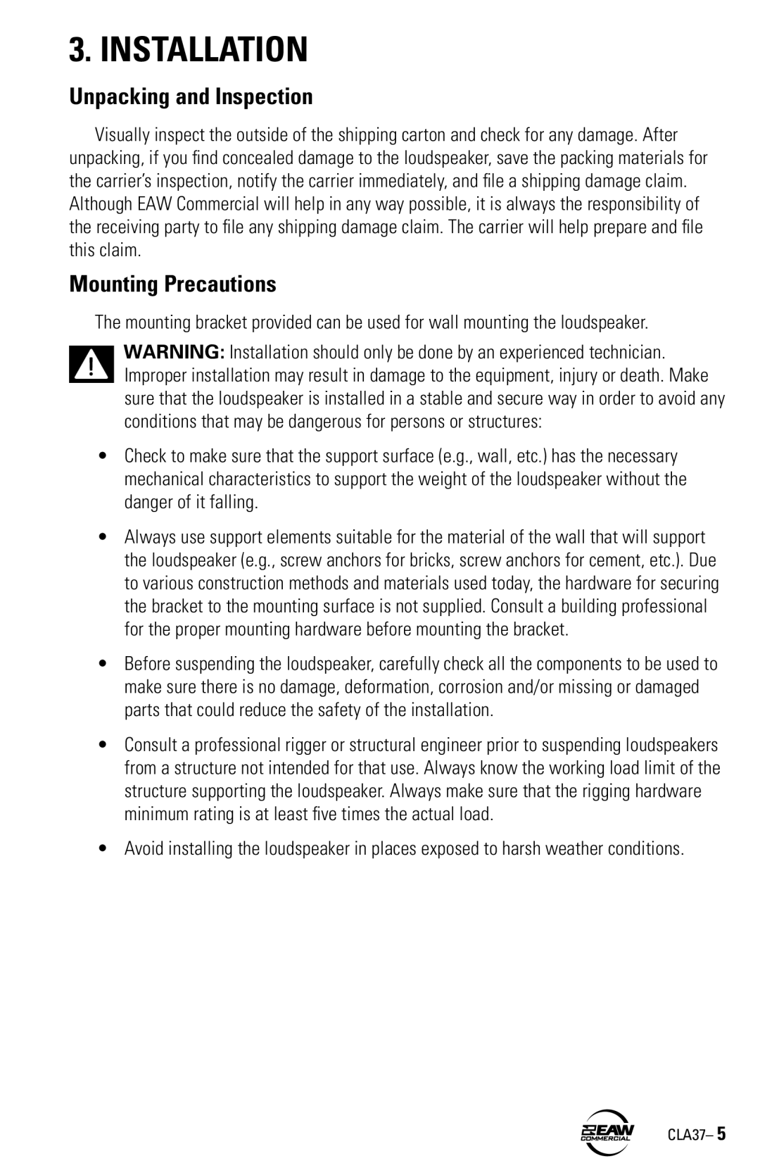 EAW CLA37 instruction manual Installation, Unpacking and Inspection, Mounting Precautions 