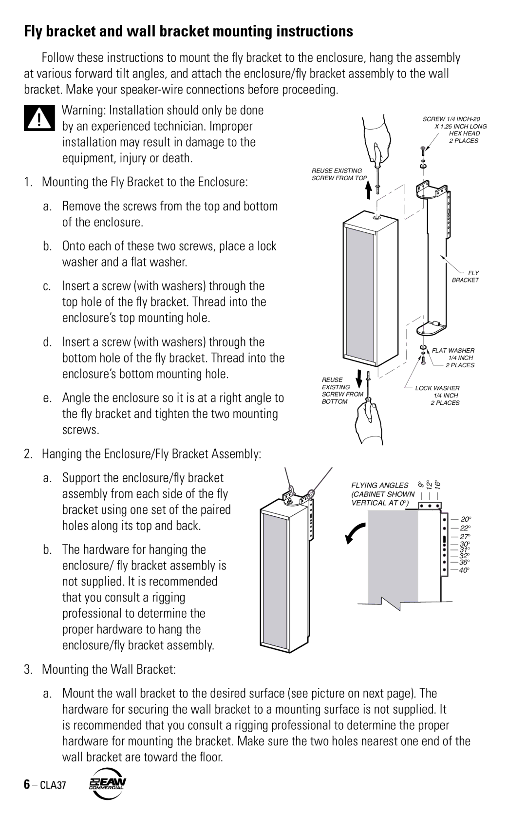 EAW CLA37 instruction manual Fly bracket and wall bracket mounting instructions, Mounting the Wall Bracket 