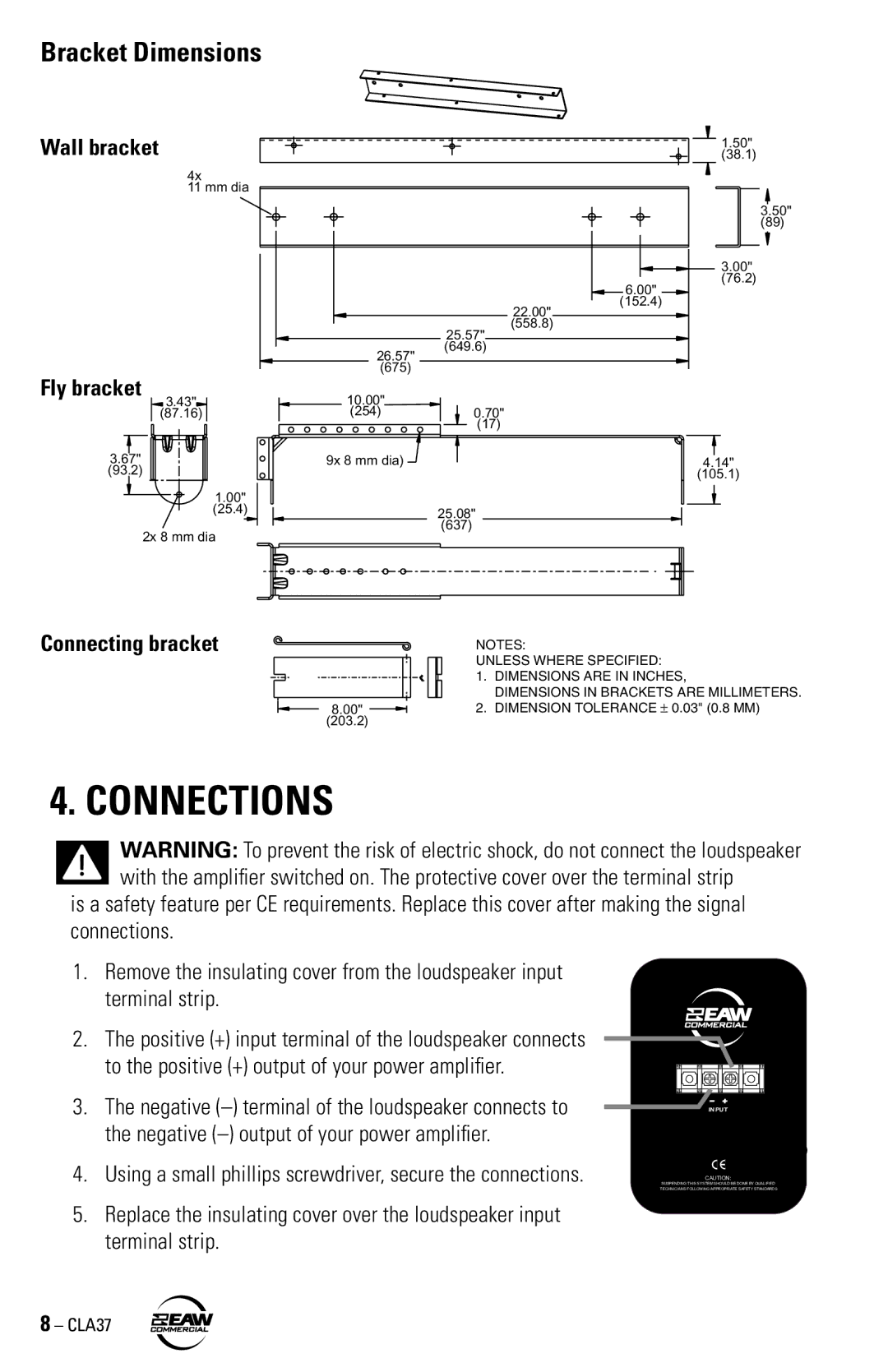 EAW CLA37 instruction manual Connections, Bracket Dimensions 