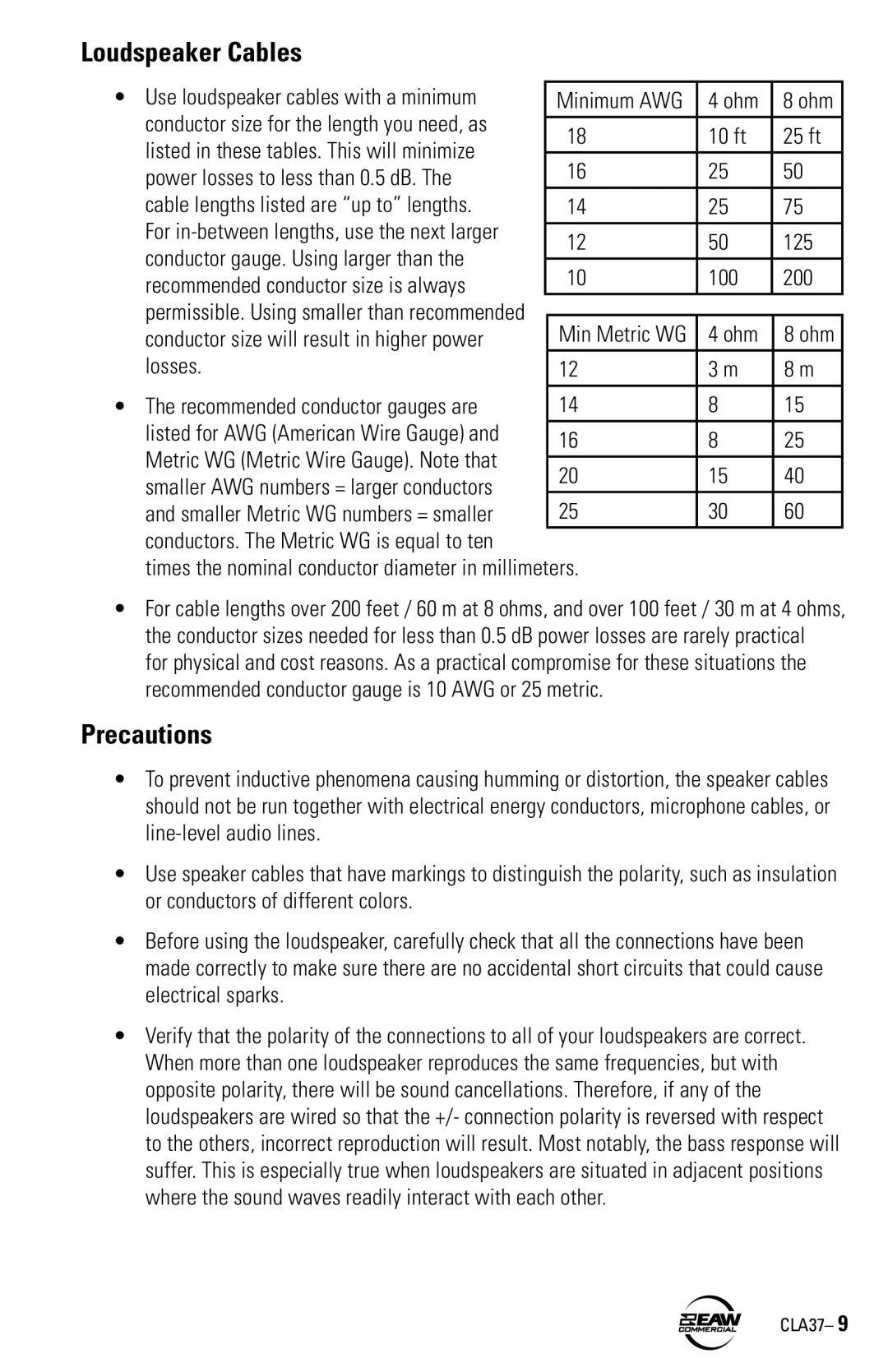 EAW CLA37 instruction manual Loudspeaker Cables, Precautions 