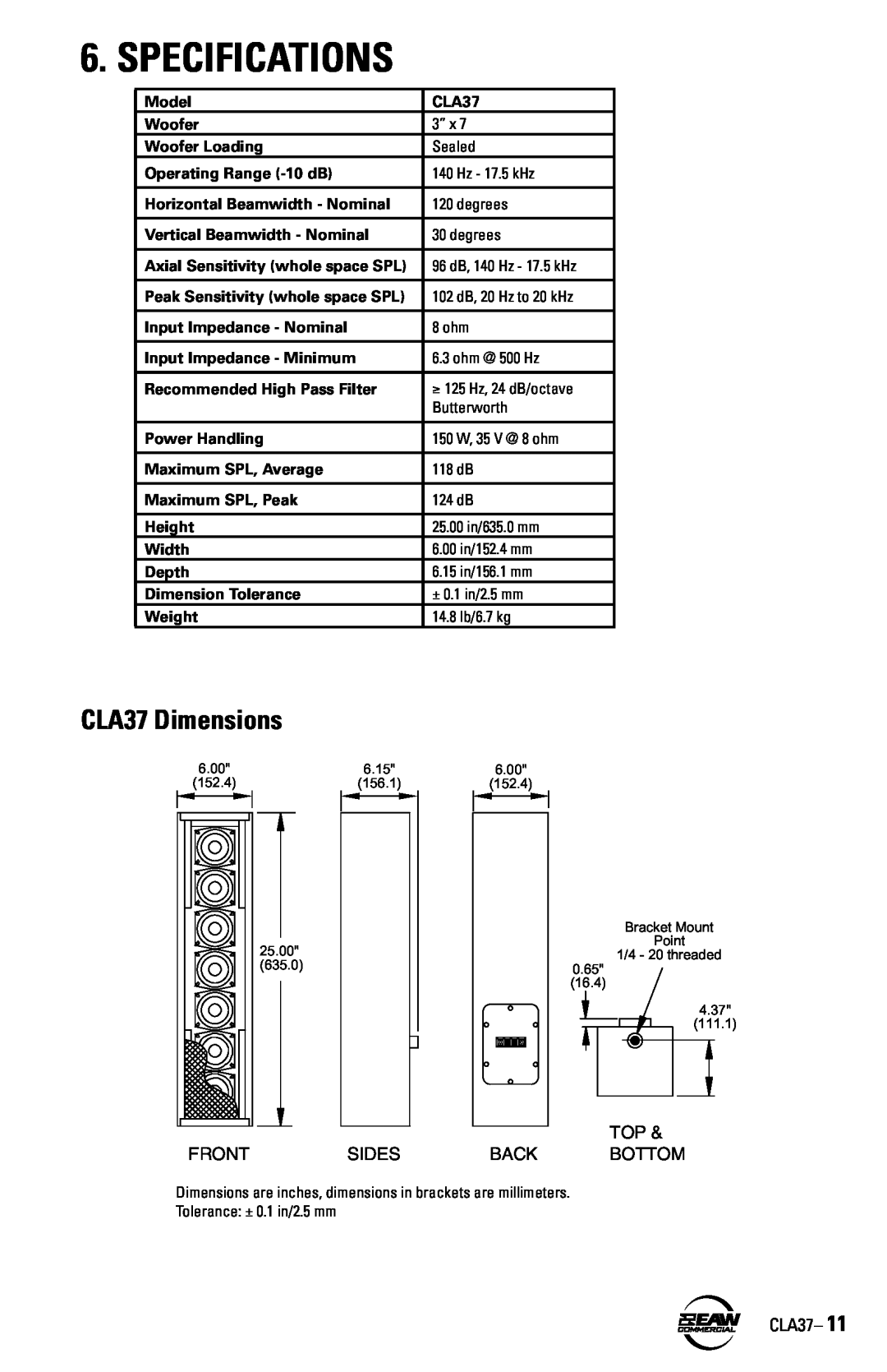 EAW instruction manual Specifications, CLA37 Dimensions, Top, Front, Sides, Back, Bottom 