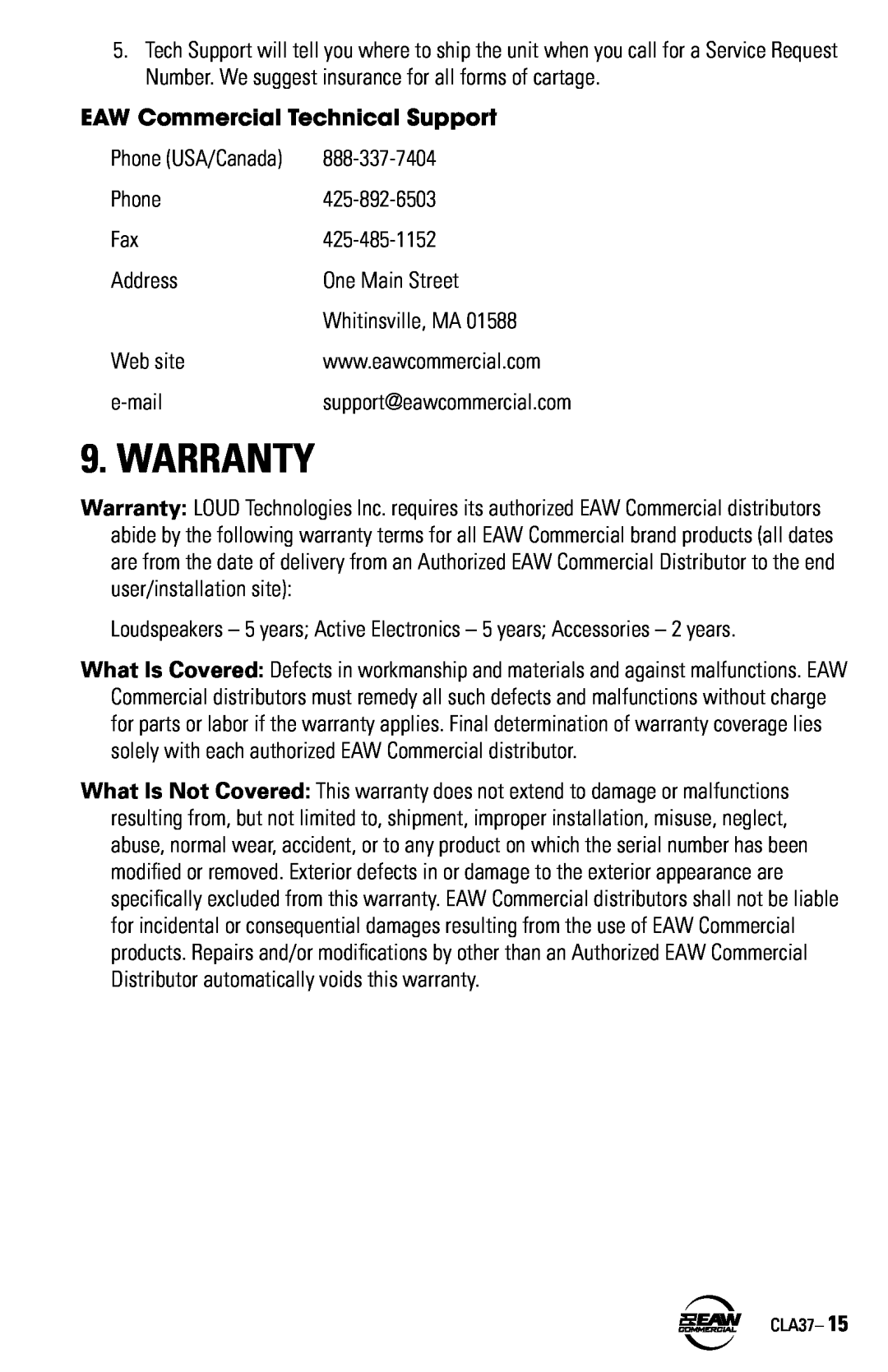 EAW CLA37 instruction manual Warranty, EAW Commercial Technical Support 