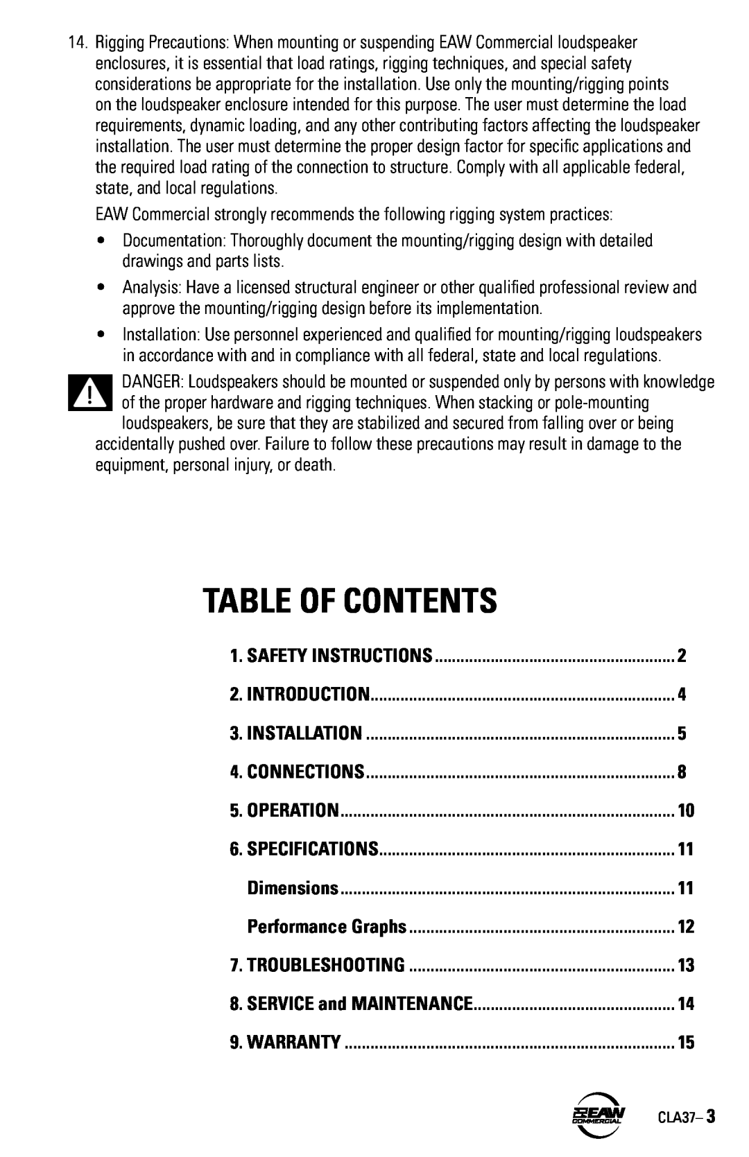EAW CLA37 instruction manual Table Of Contents 
