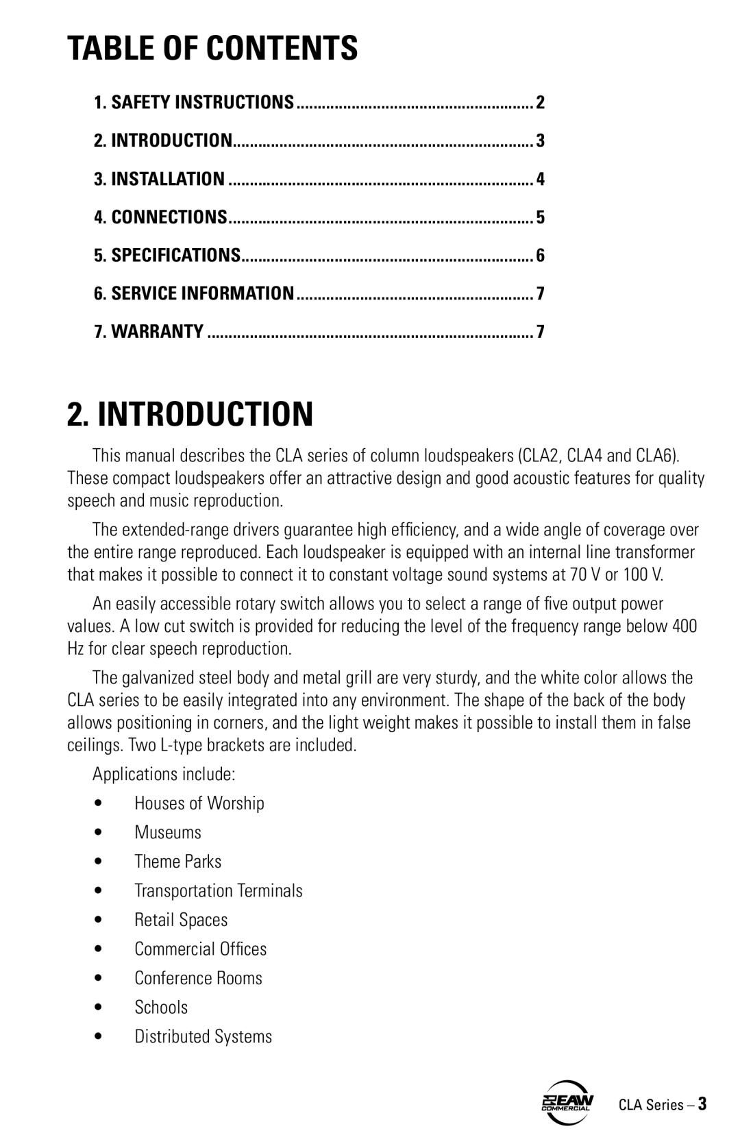 EAW CLA6 CLA4 CLA2 instruction manual Table of Contents, Introduction 