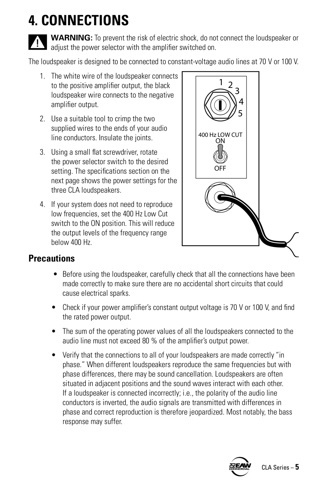 EAW CLA6 CLA4 CLA2 instruction manual Connections, Precautions, Hz LOW CUT 