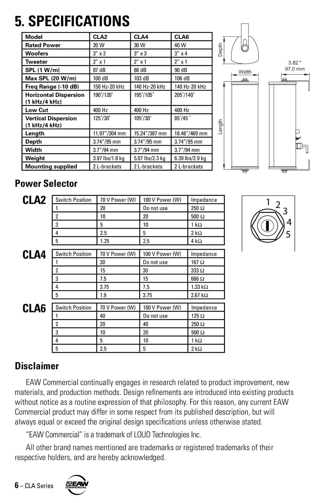 EAW CLA6 CLA4 CLA2 instruction manual Specifications, Power Selector, Disclaimer 