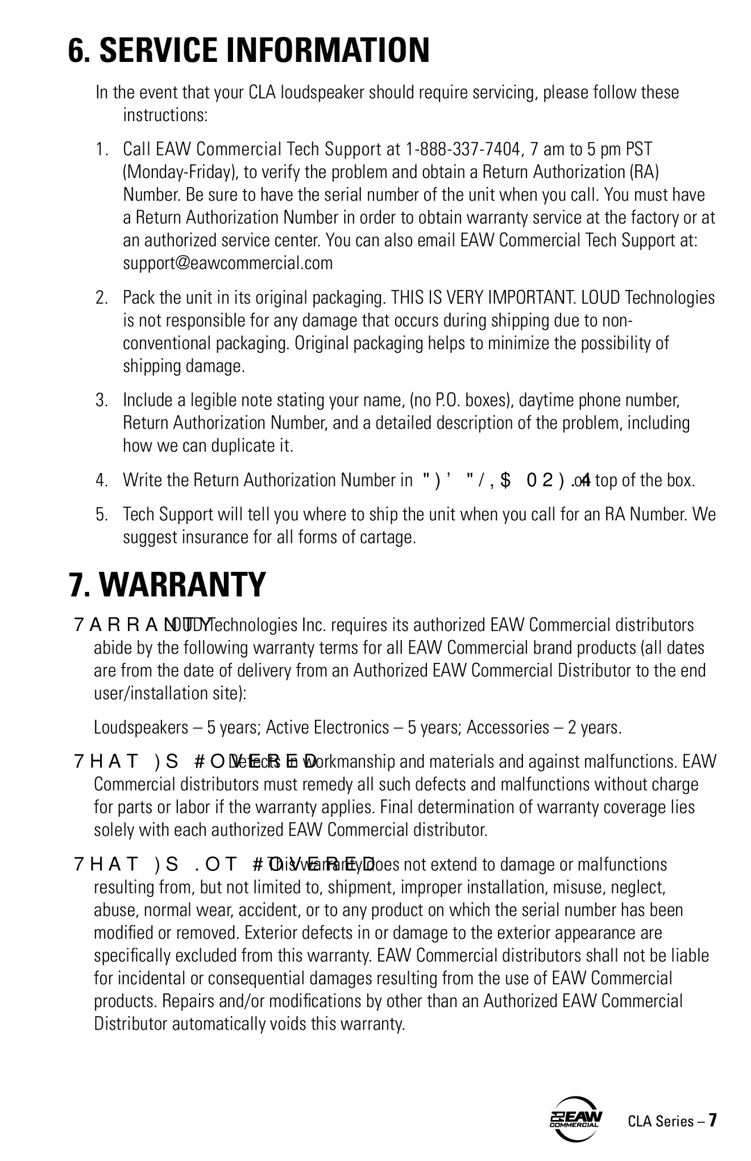 EAW CLA6 CLA4 CLA2 instruction manual Service Information, Warranty 