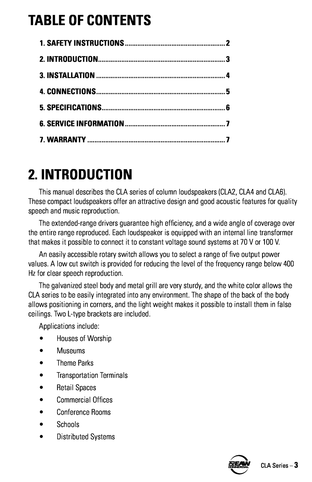 EAW CLA6 CLA4 CLA2 instruction manual Table Of Contents, Introduction 