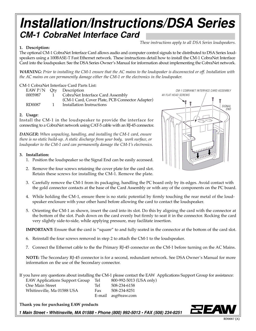 EAW installation instructions Installation/Instructions/DSA Series, CM-1 CobraNet Interface Card 