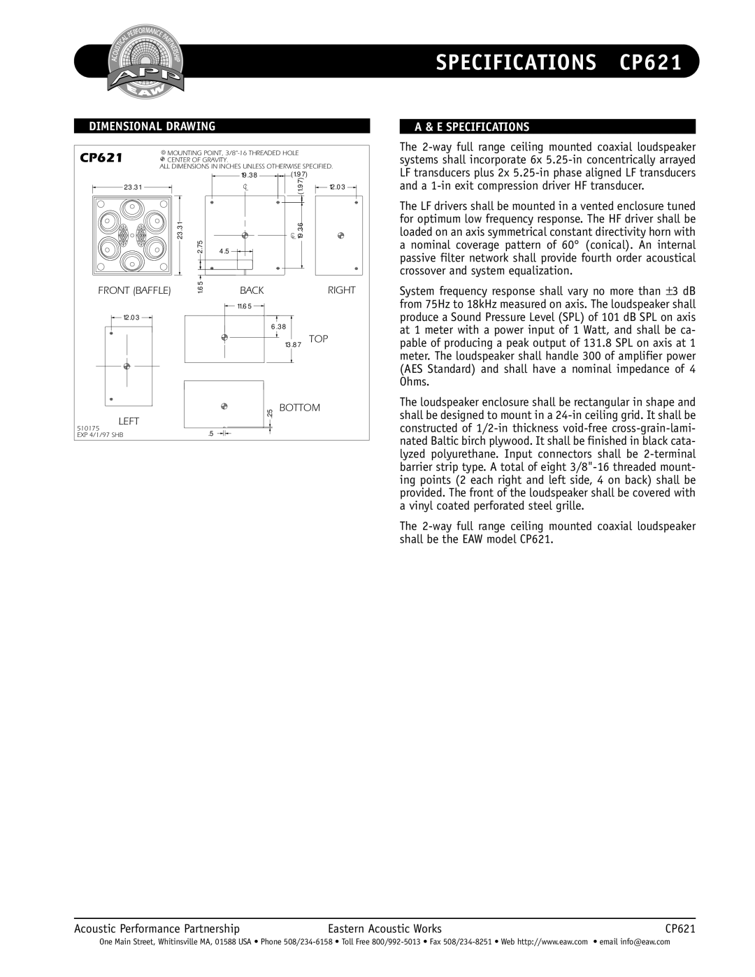 EAW CP621 specifications Dimensional Drawing, Specifications 