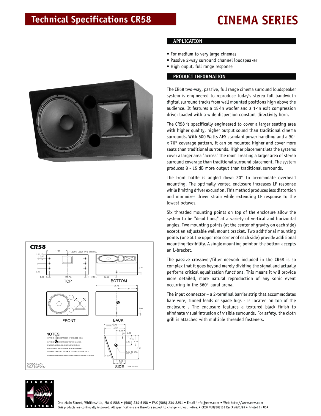 EAW technical specifications Cinema Series, CR587e, Application, Product Information 