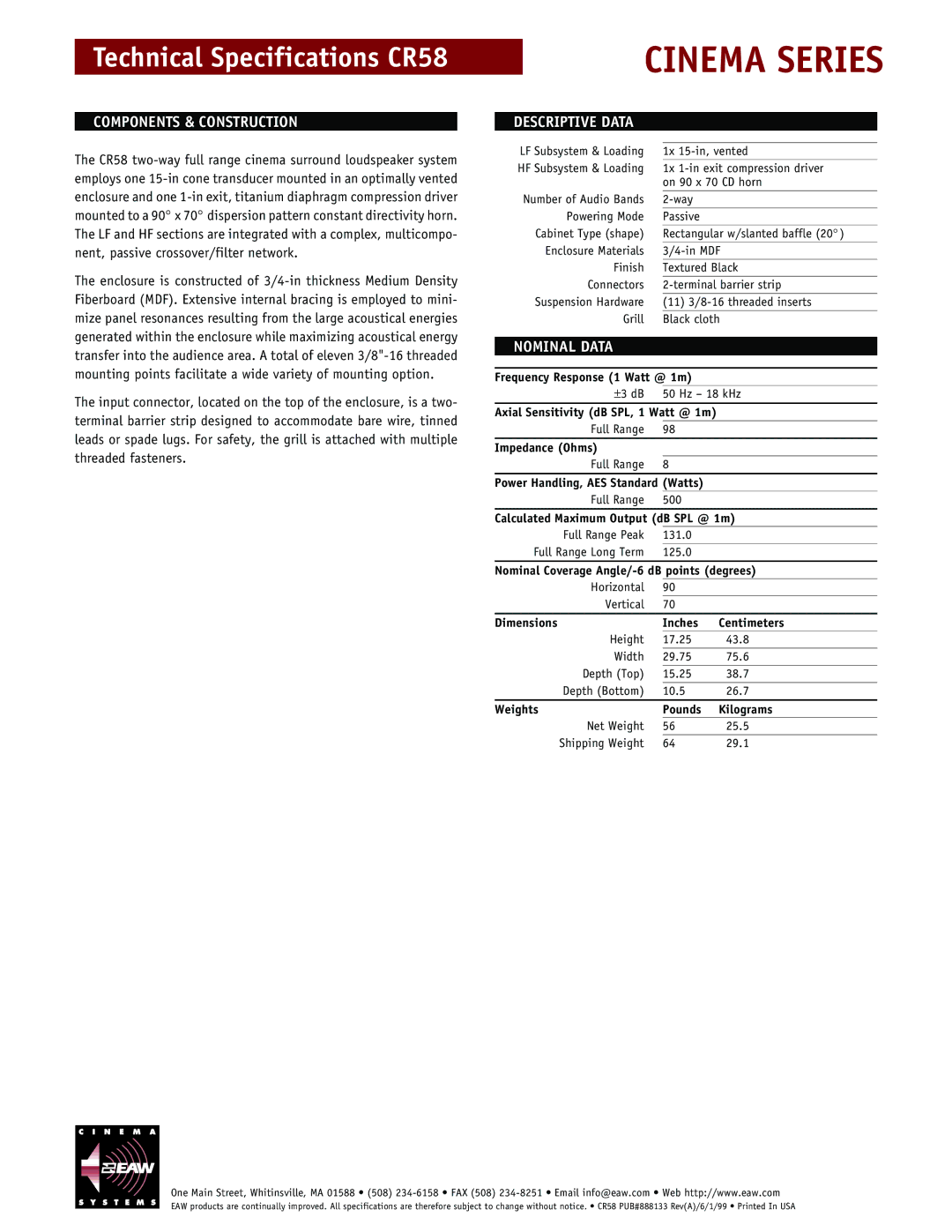 EAW CR58 technical specifications Components & Construction, Descriptive Data, Nominal Data 