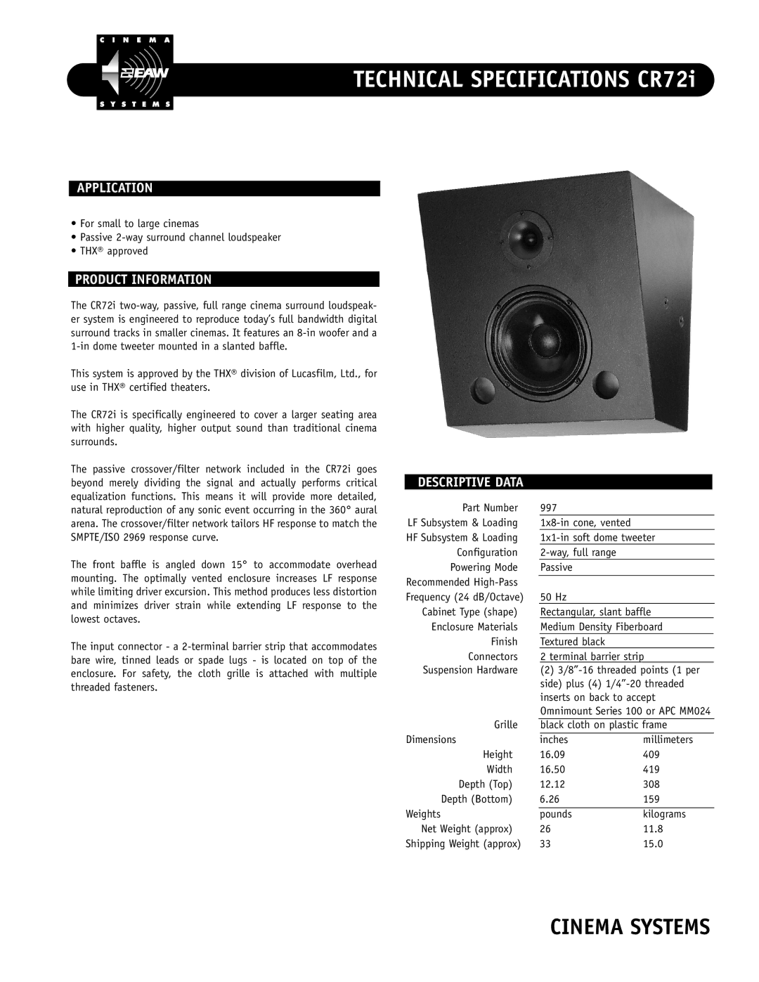 EAW technical specifications Technical Specifications CR72i, Cinema Systems, Application, Product Information 