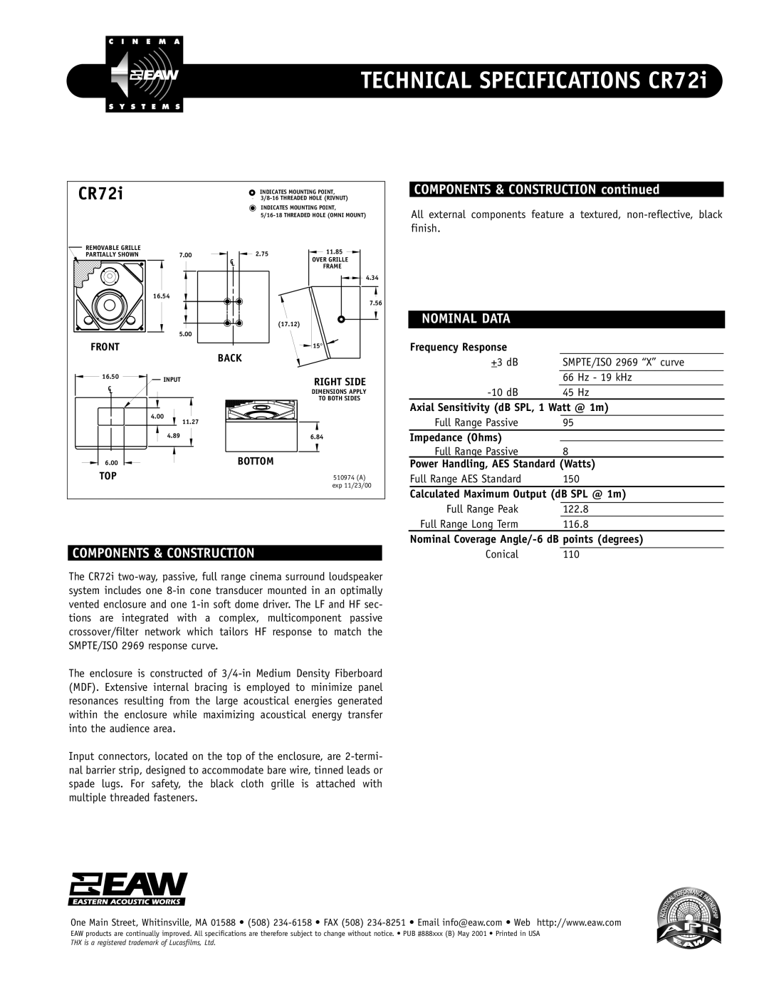 EAW CR72i technical specifications Components & Construction, Nominal Data 