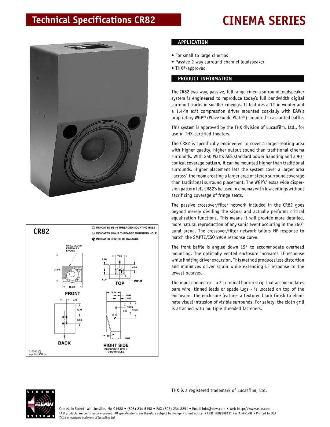 EAW CR82 technical specifications Application, Product Information 