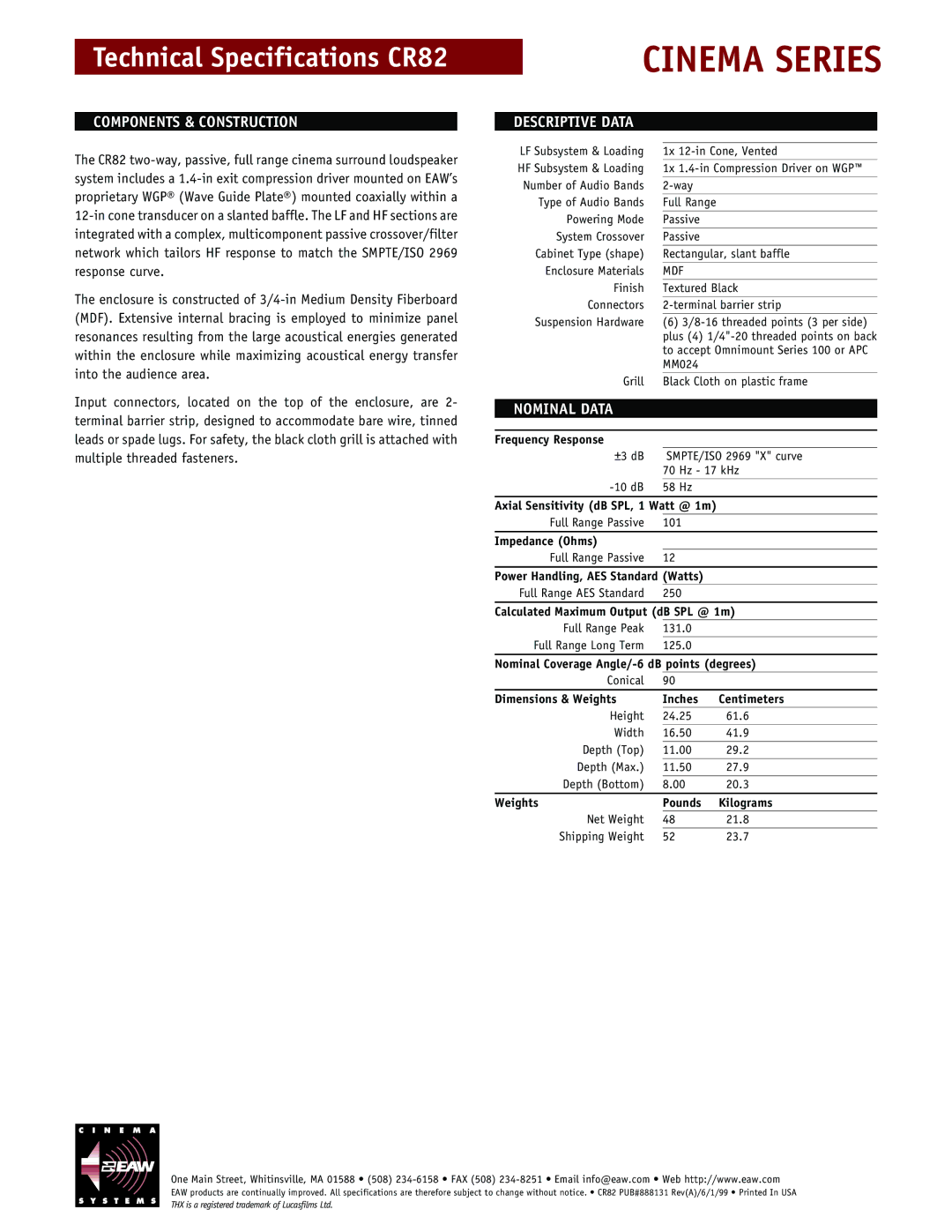 EAW CR82 technical specifications Components & Construction, Descriptive Data, Nominal Data 