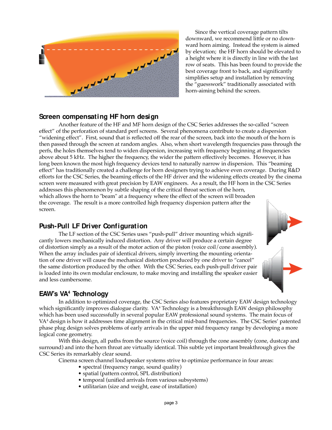 EAW CSC923X, CSC723X manual Screen compensating HF horn design, Push-Pull LF Driver Configuration, EAW’s VA4 Technology 