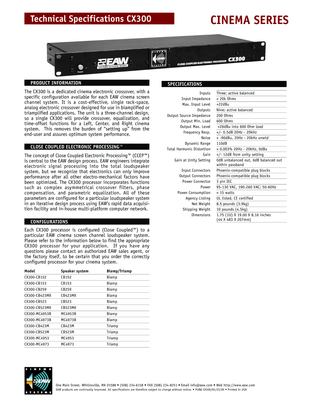 EAW CX300 technical specifications Cinema Series, Product Information, Close Coupled Electronic Processing, Configurations 