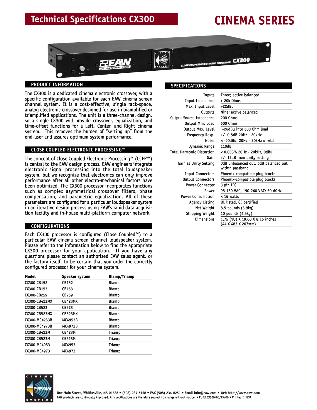 EAW technical specifications Cinema Series, Technical Specifications CX300, Product Information, Configurations, Model 