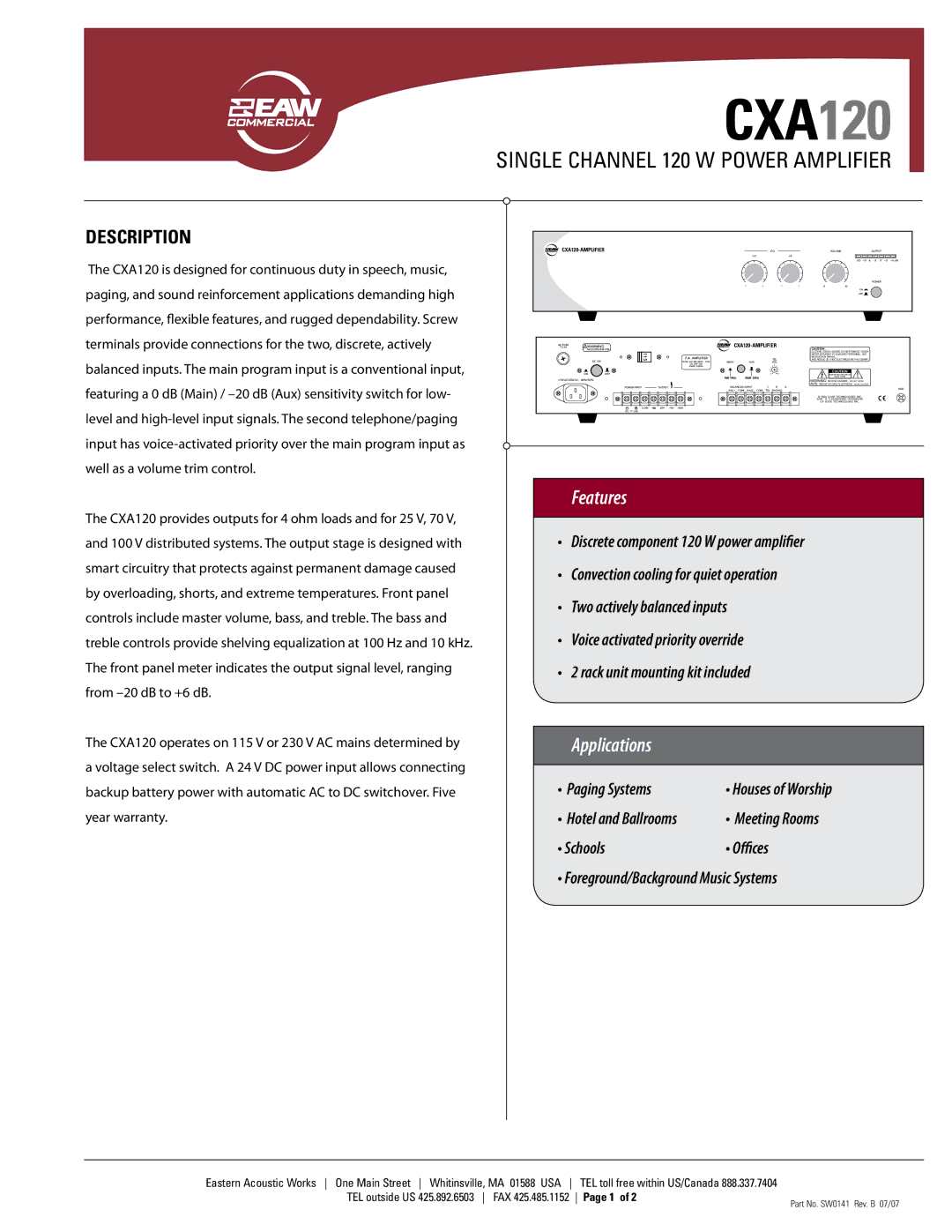 EAW CXA120 warranty Features, Applications, Description 