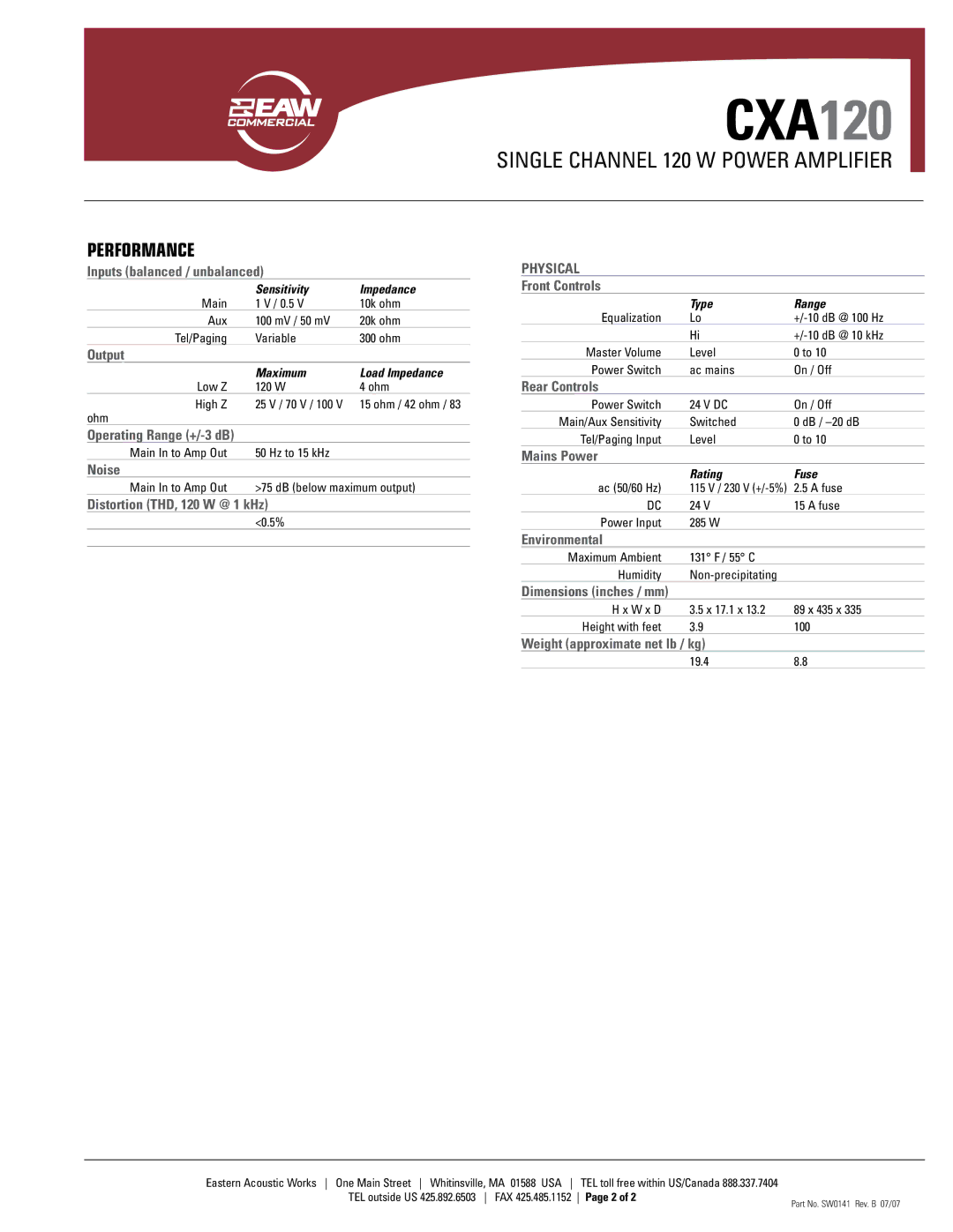 EAW CXA120 warranty Performance 