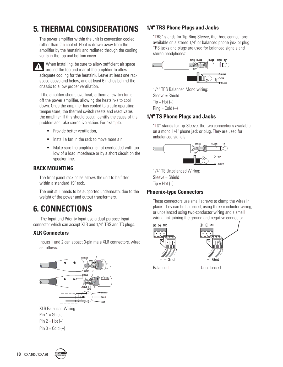 EAW CXA160 / CXA80 instruction manual Connections, Rack Mounting 