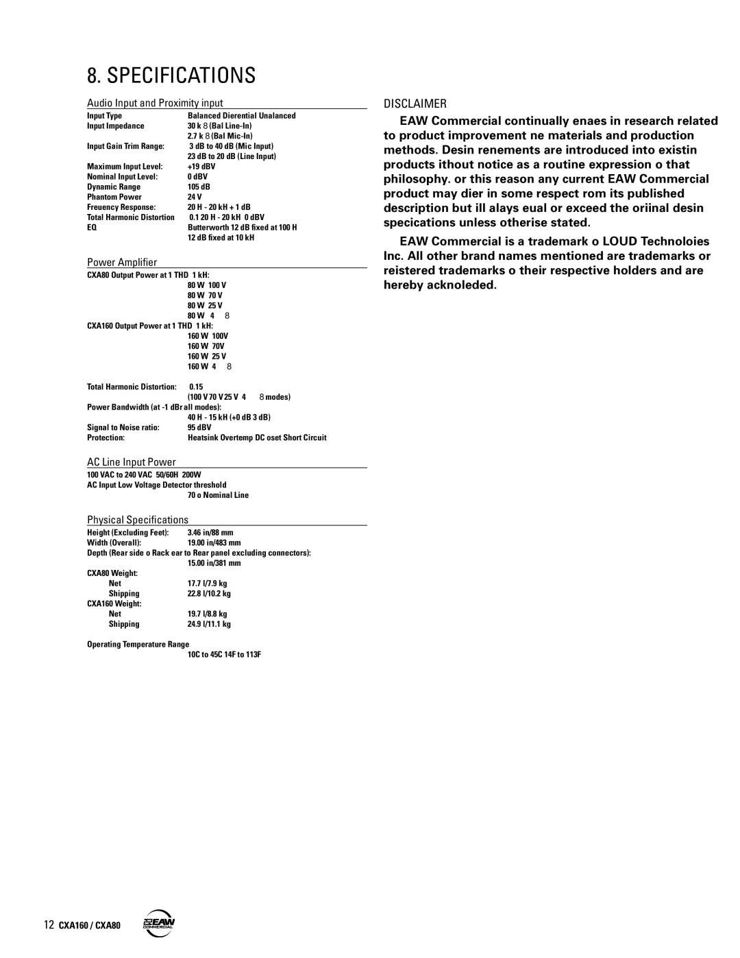 EAW CXA160 / CXA80 instruction manual Specifications, Audio Input and Proximity input 