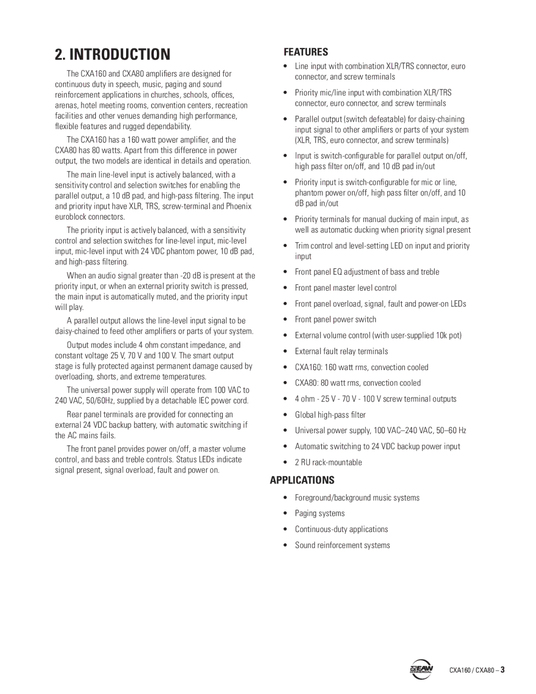 EAW CXA160 / CXA80 instruction manual Introduction, Features, Applications 