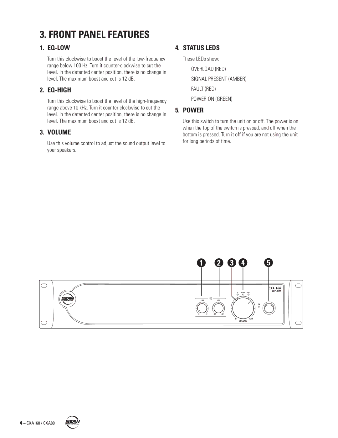 EAW CXA160 / CXA80 instruction manual Eq-Low, Eq-High, Volume, Status Leds, Power 