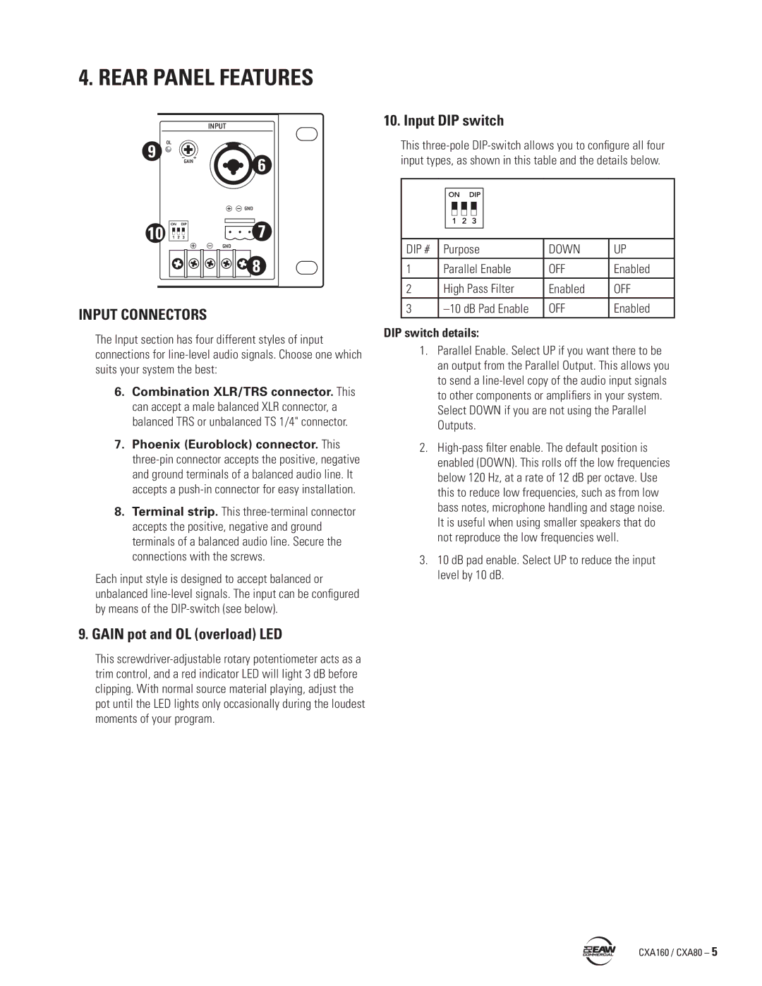 EAW CXA160 / CXA80 instruction manual Rear Panel Features, Input Connectors, Gain pot and OL overload LED, Input DIP switch 