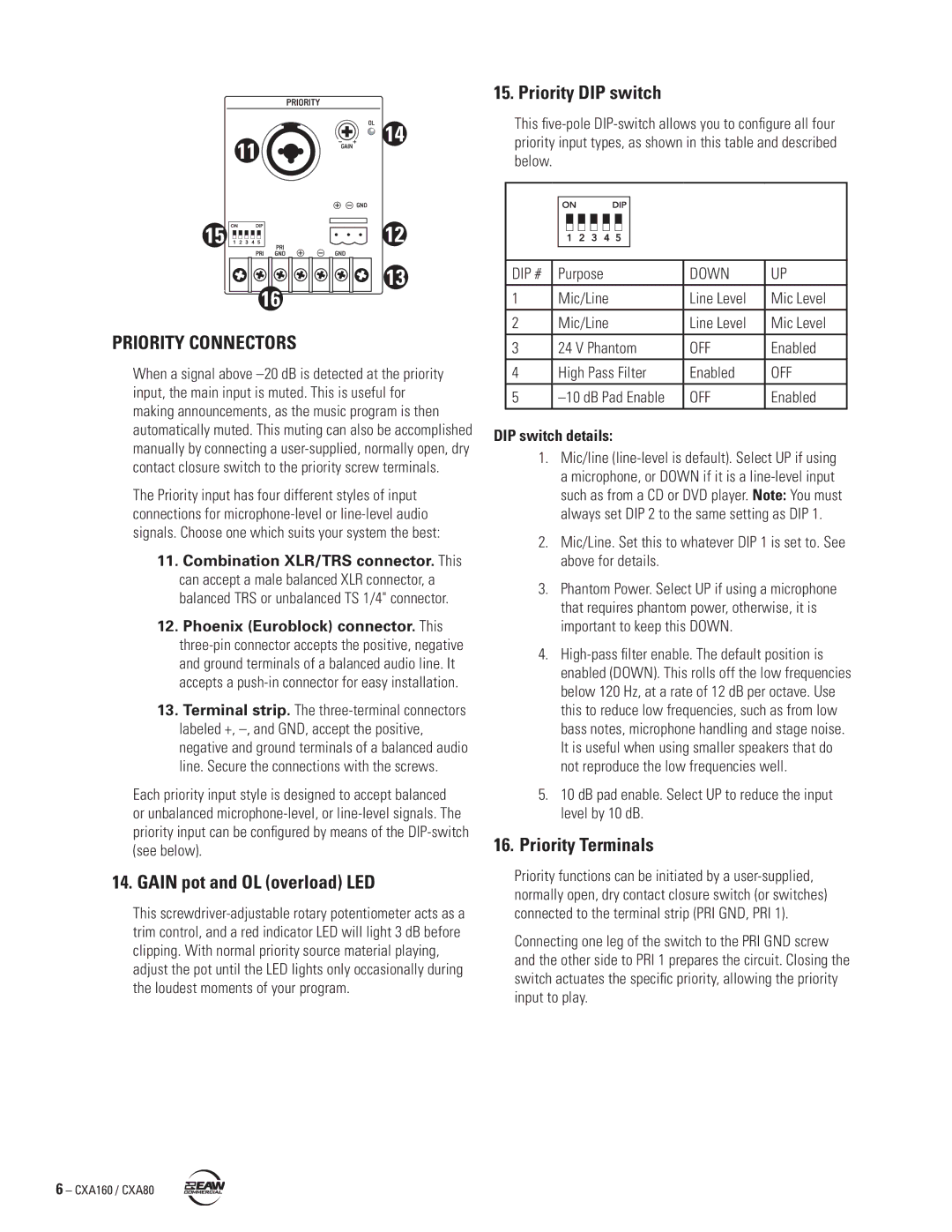 EAW CXA160 / CXA80 instruction manual Priority Connectors, Priority DIP switch, Priority Terminals 