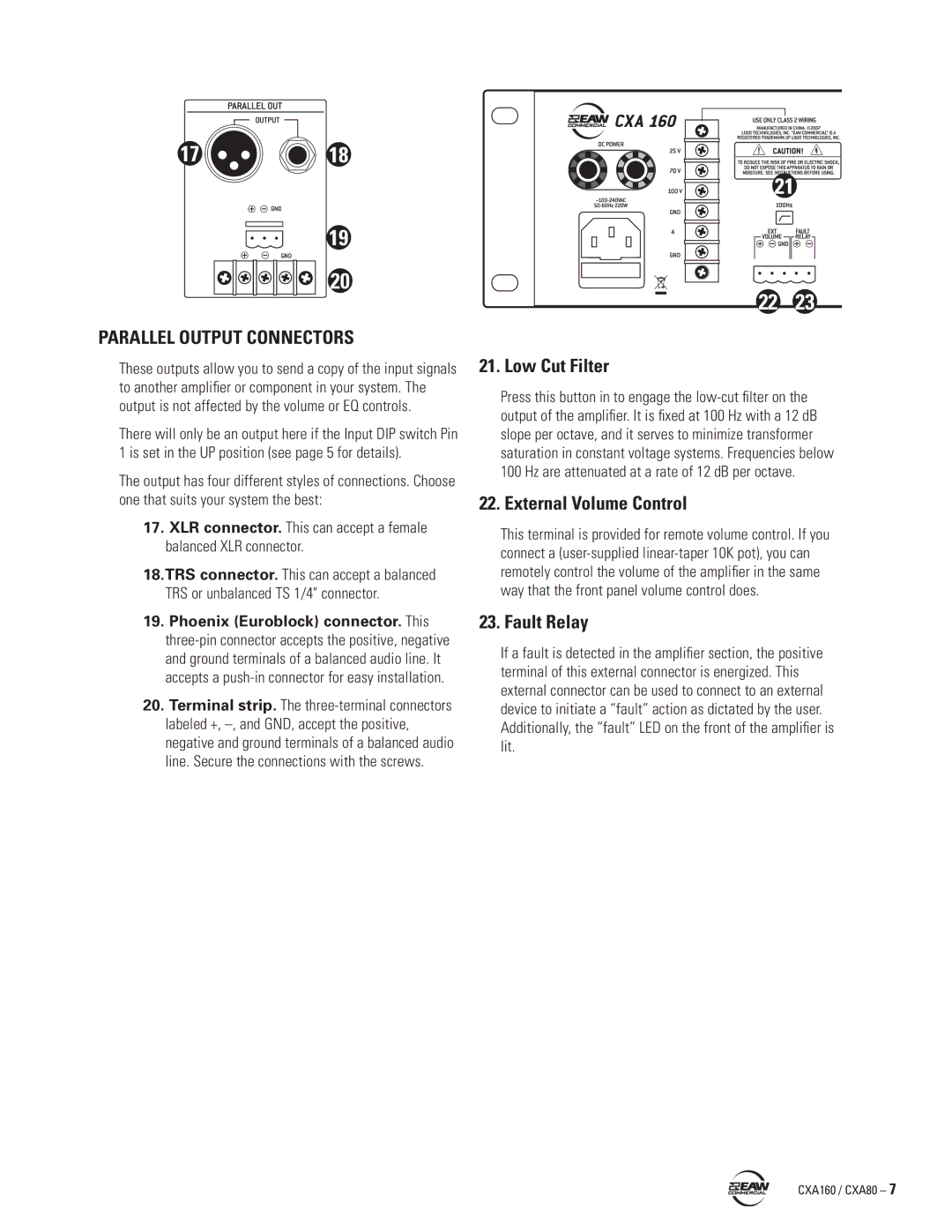 EAW CXA160 / CXA80 instruction manual Parallel Output Connectors, Low Cut Filter, External Volume Control, Fault Relay 