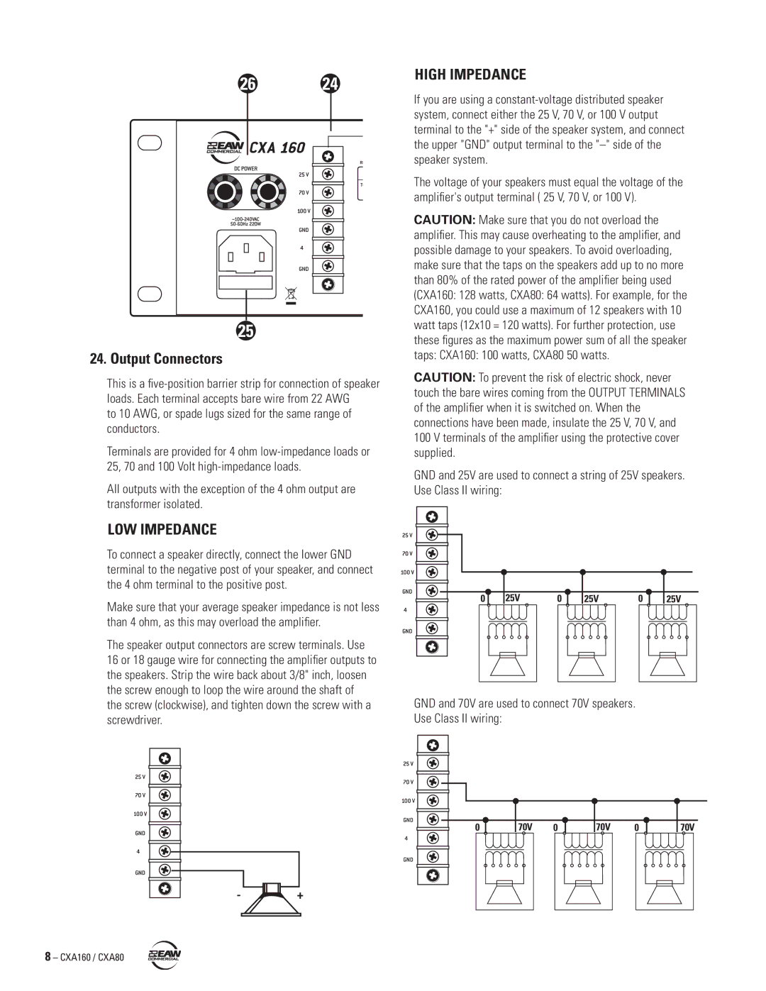 EAW CXA160 / CXA80 instruction manual Output Connectors, LOW Impedance, High Impedance 