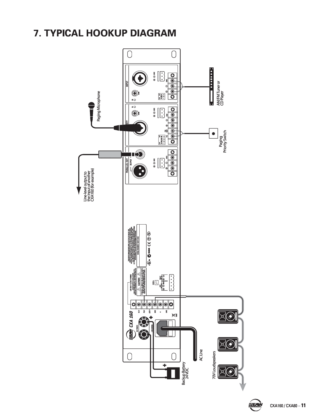 EAW CXA160 / CXA80 instruction manual Typical Hookup Diagram, Backup Battery 24VDC AC Line 70V Loudspeakers 