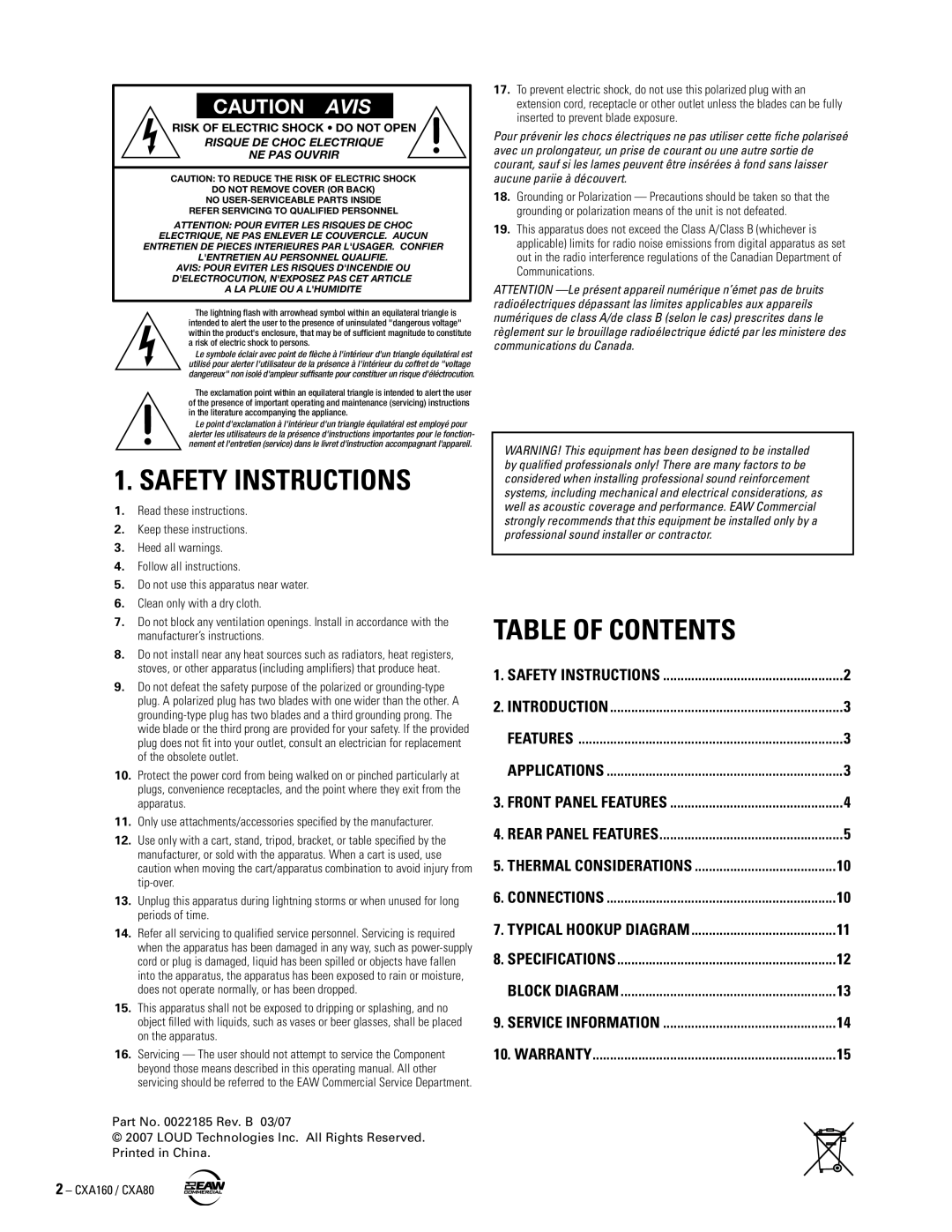 EAW CXA160 / CXA80 Safety Instructions, Table Of Contents, Caution Avis, Connections, Block Diagram, Service Information 