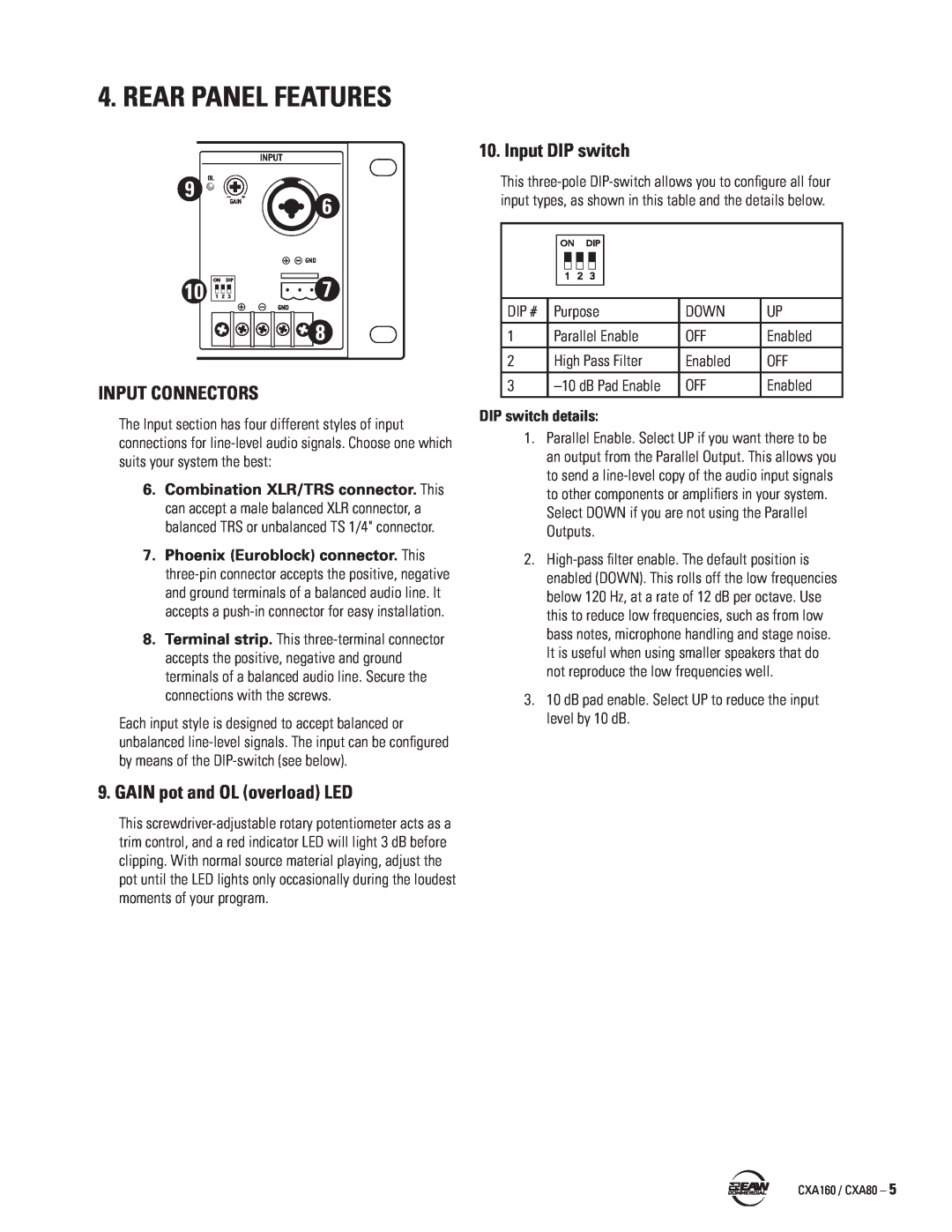 EAW CXA160 / CXA80 instruction manual Rear Panel Features, Input Connectors, GAIN pot and OL overload LED, Input DIP switch 