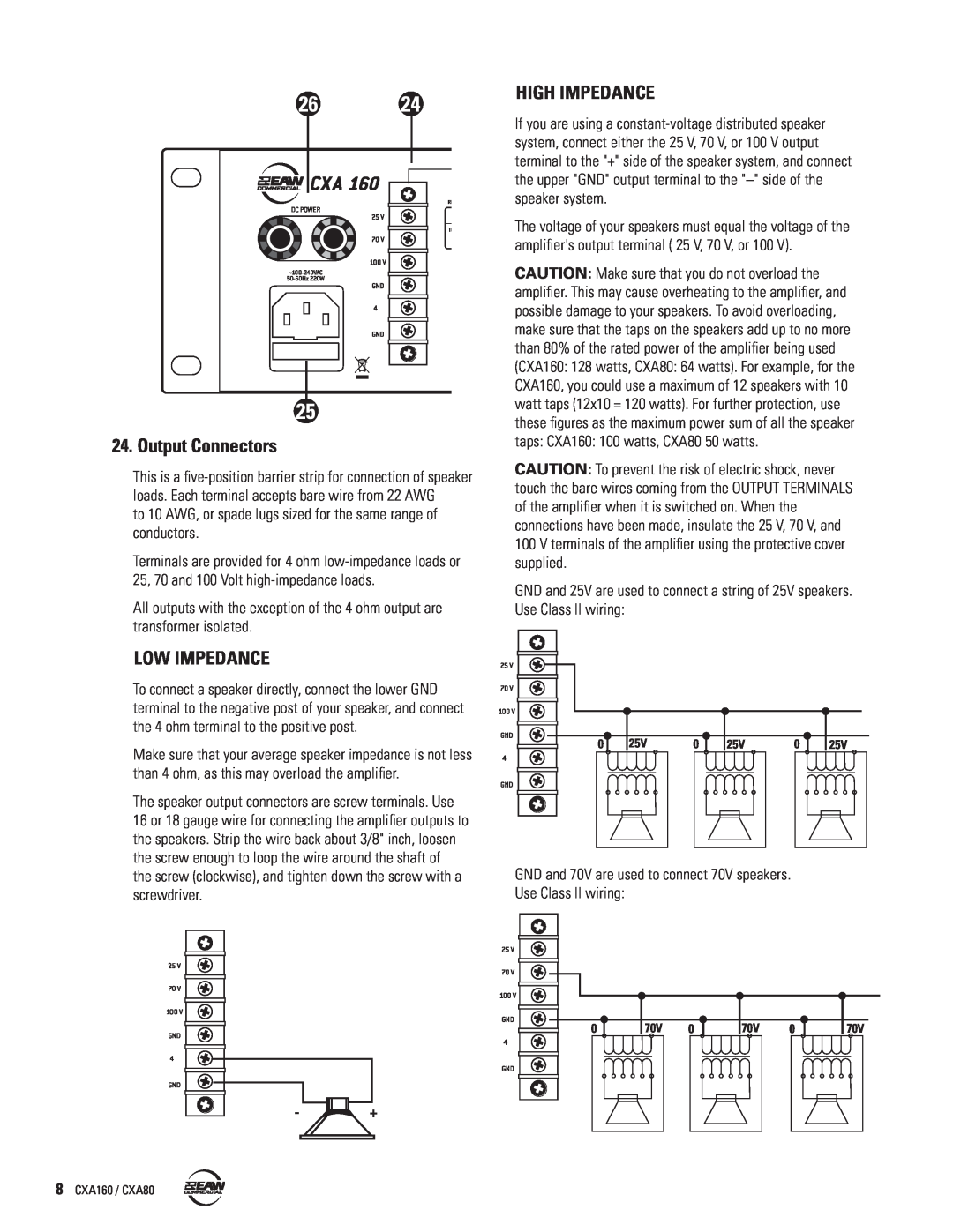 EAW CXA160 / CXA80 instruction manual Output Connectors, Low Impedance, High Impedance 