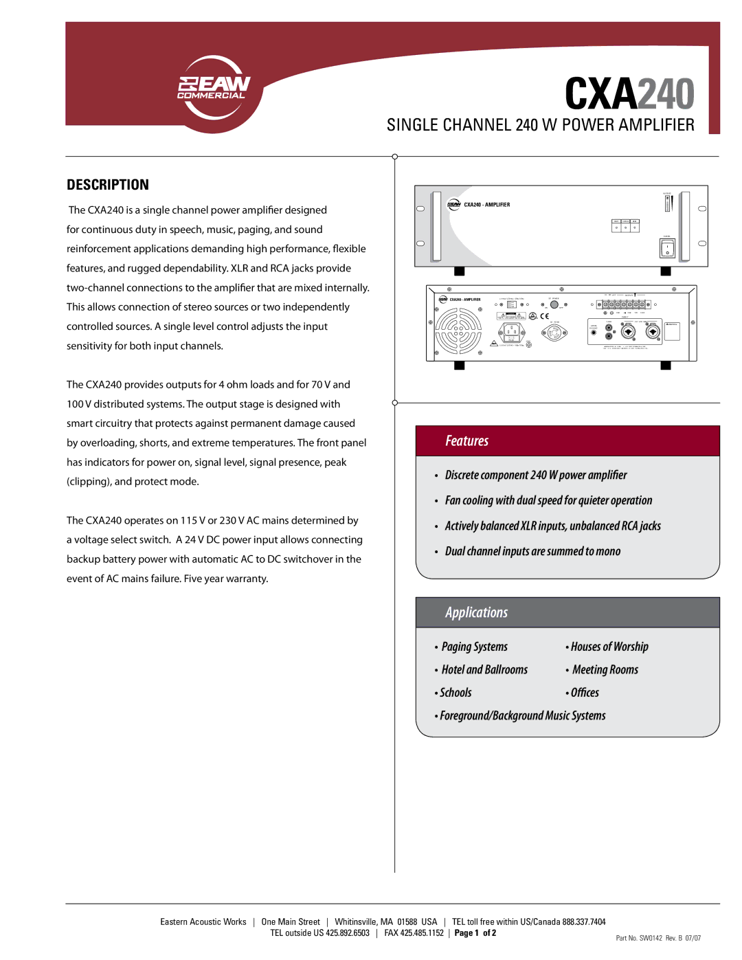 EAW CXA240 warranty Features, Applications, Description 