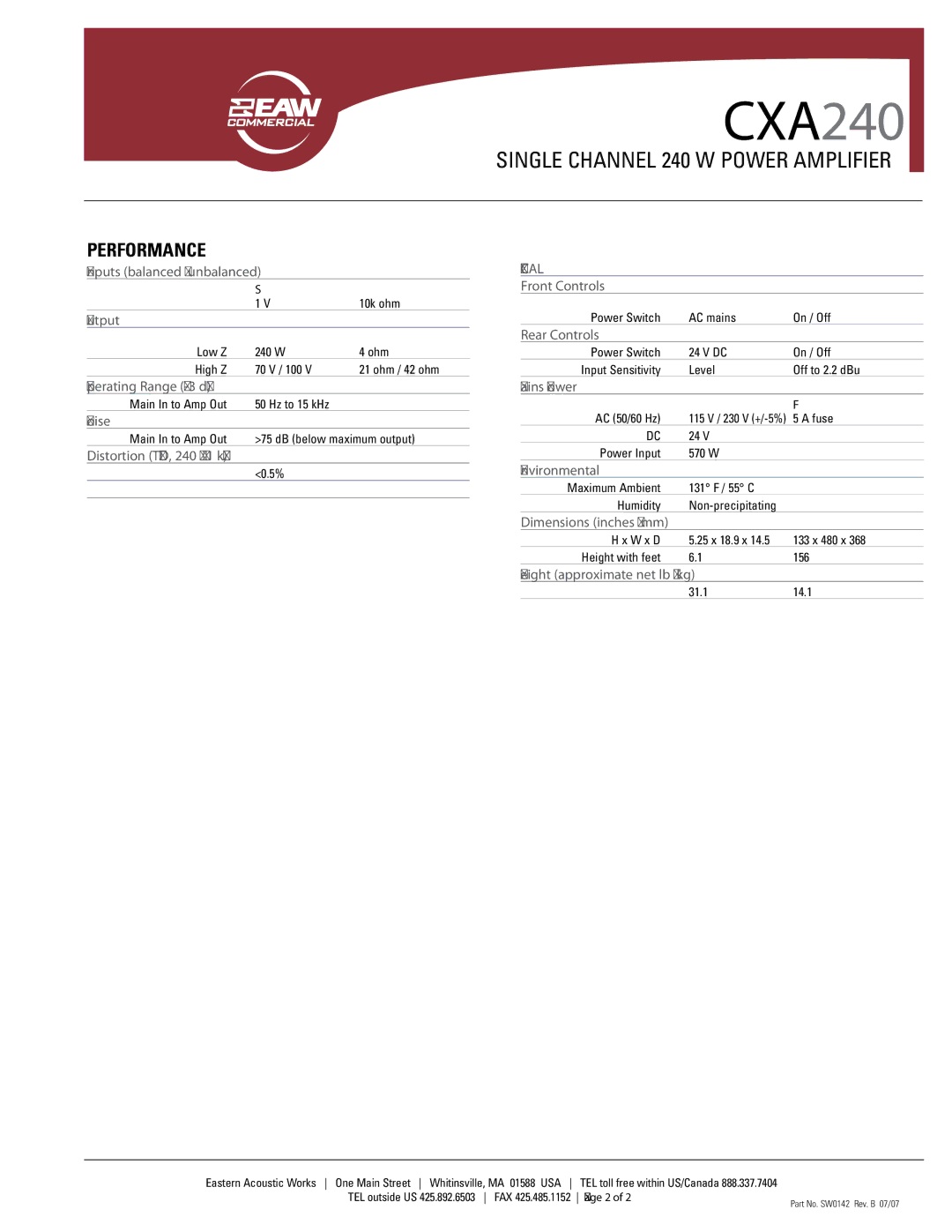 EAW CXA240 warranty Performance 