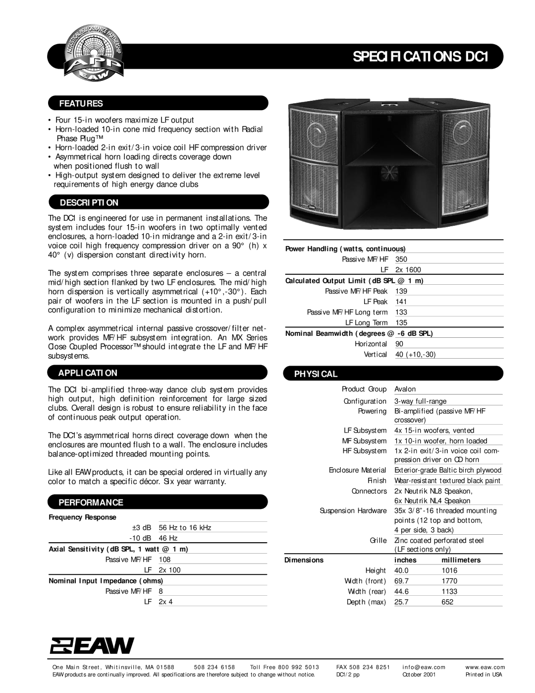 EAW DC1 specifications Features, Description, Application, Performance, Physical 