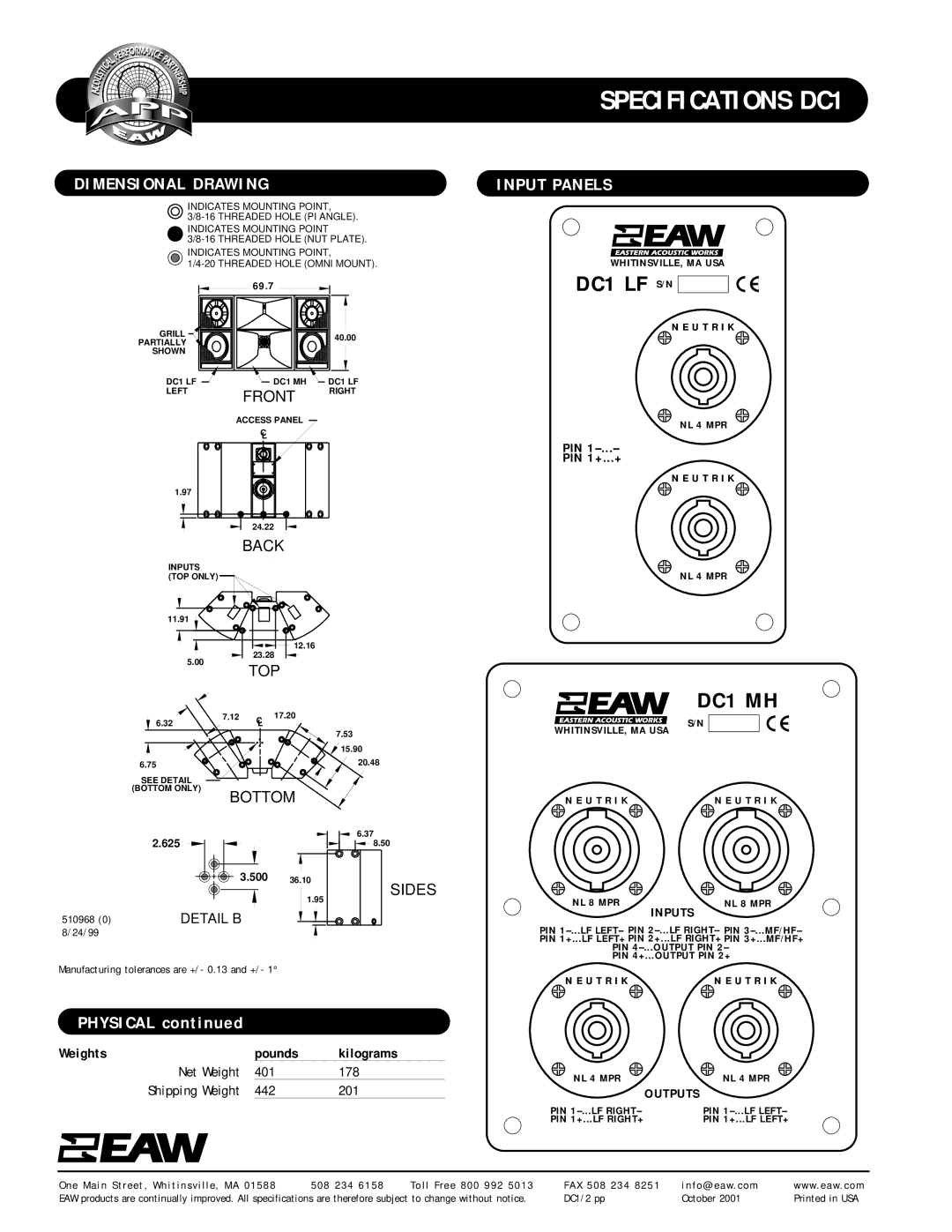 EAW specifications DC1 LF S/N, DC1 MH, Dimensional Drawing, Input Panels 